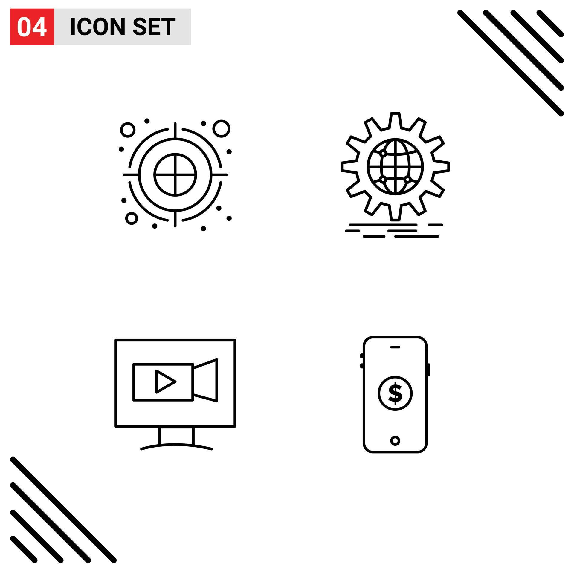 Universal Icon Symbols Group of 4 Modern Filledline Flat Colors of archery arrow monitor dartboard globe video Editable Vector Design Elements Stock Free