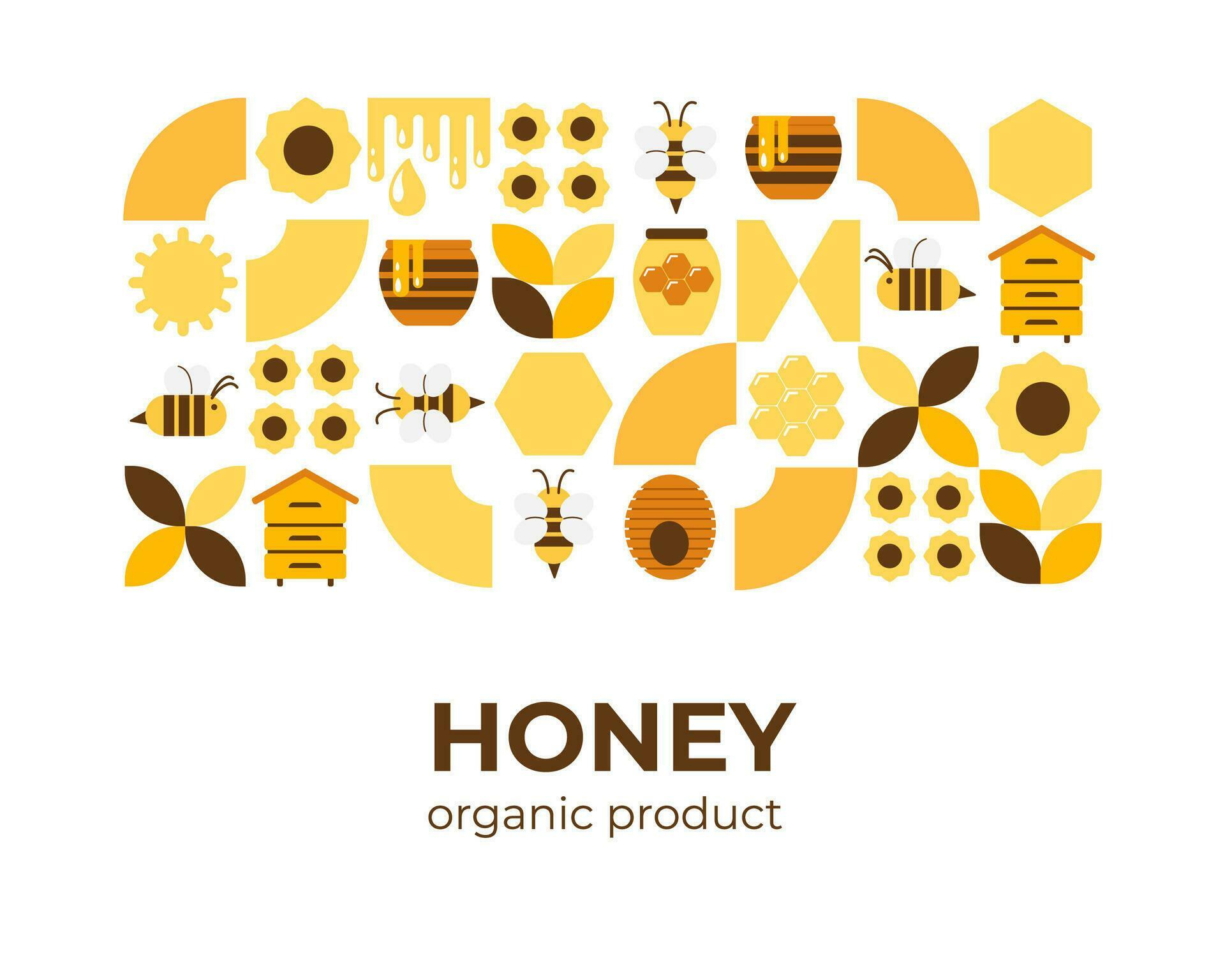 Banner, poster with bees, honey, honeycombs, hive, flowers. Modern abstract background. Bauhaus style style. Vector illustration of geometric shapes. Stock Free