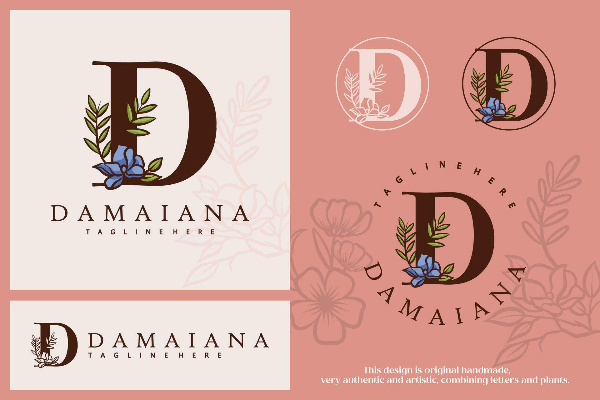 Floral Botanical Letter D. Monogram Font Logo combined with plants. Circle Flower Logo, pictorial, in pastel colors Stock Free