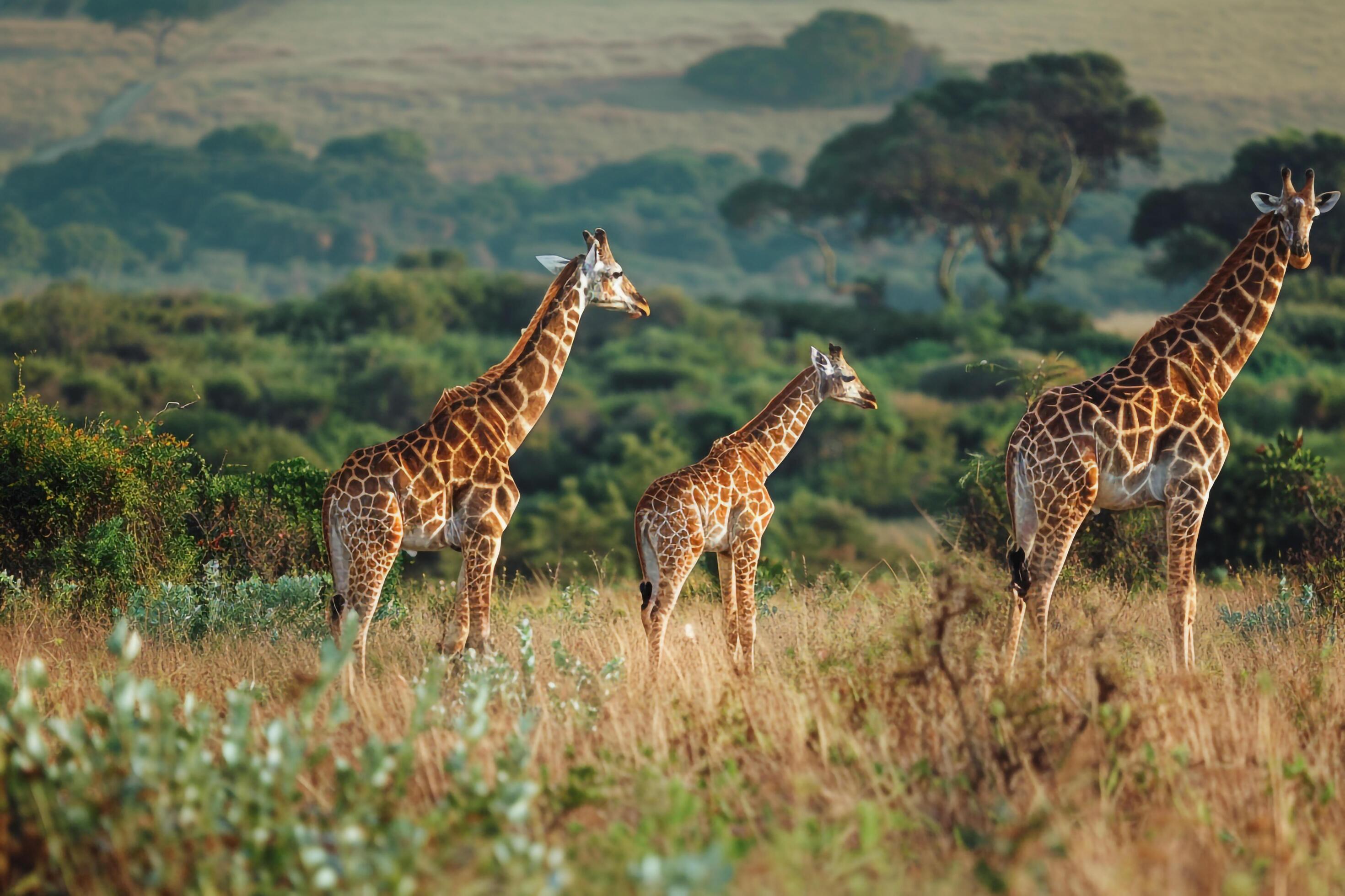 Giraffe Family Grazing on Savanna. Nature Background Stock Free