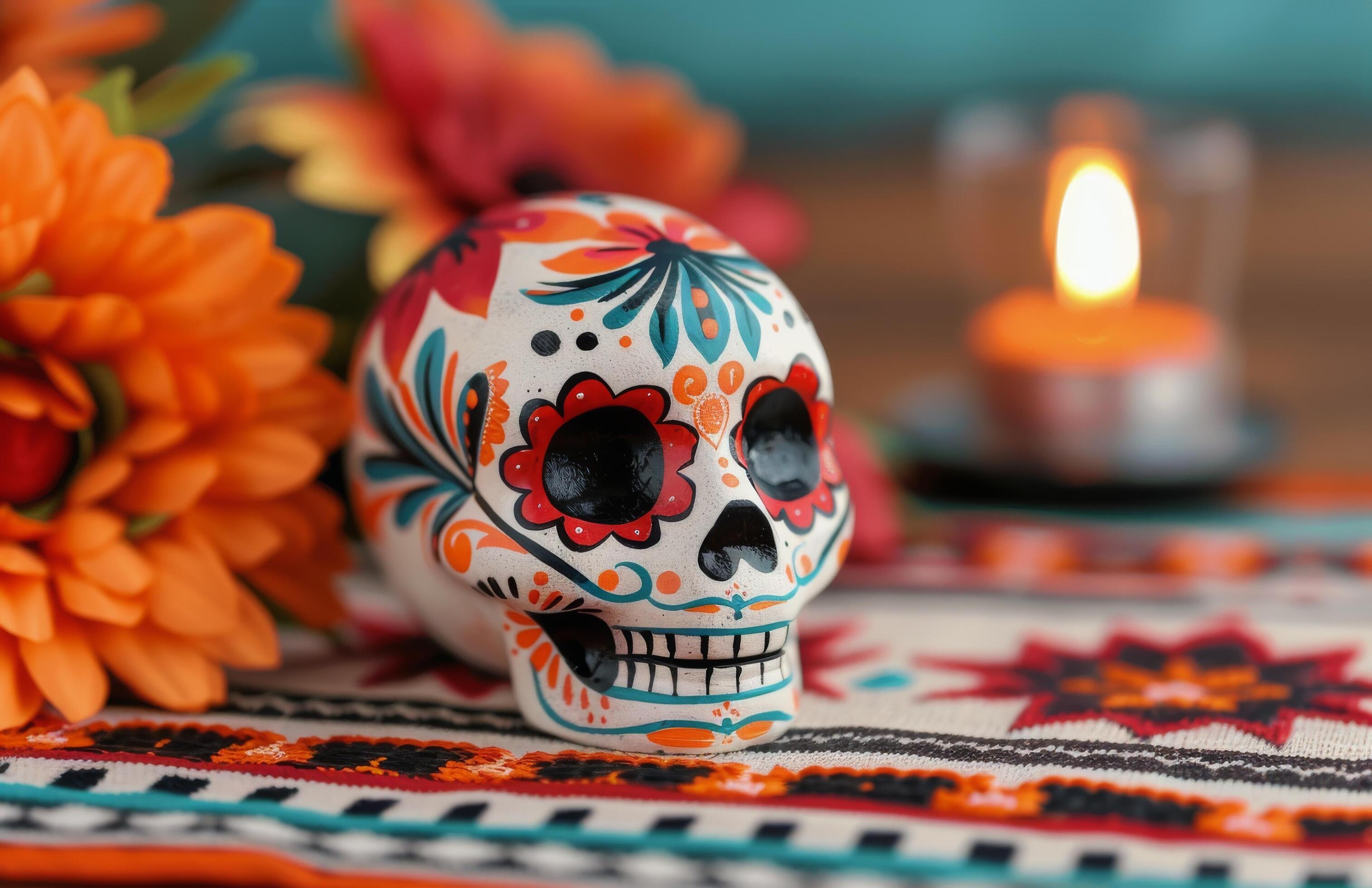 Colorful Sugar Skull With Flowers and Candle on a Decorative Fabric Background Stock Free