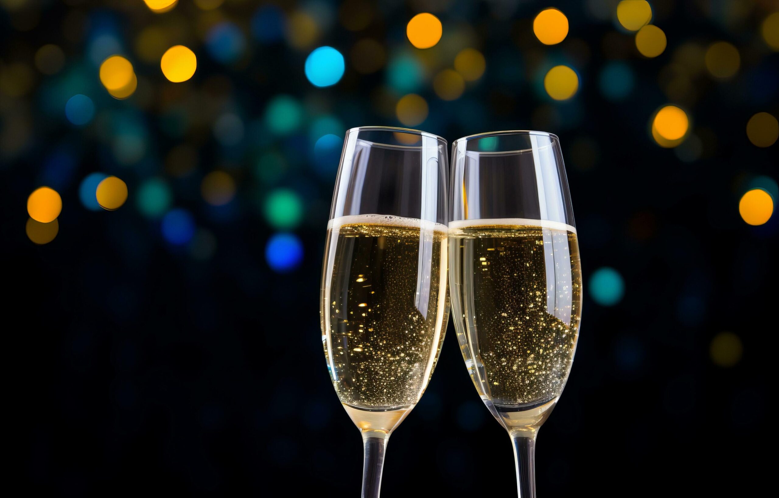 Close up of two glasses with bubbly champagne tilted to each other against a background of blurry Free Photo