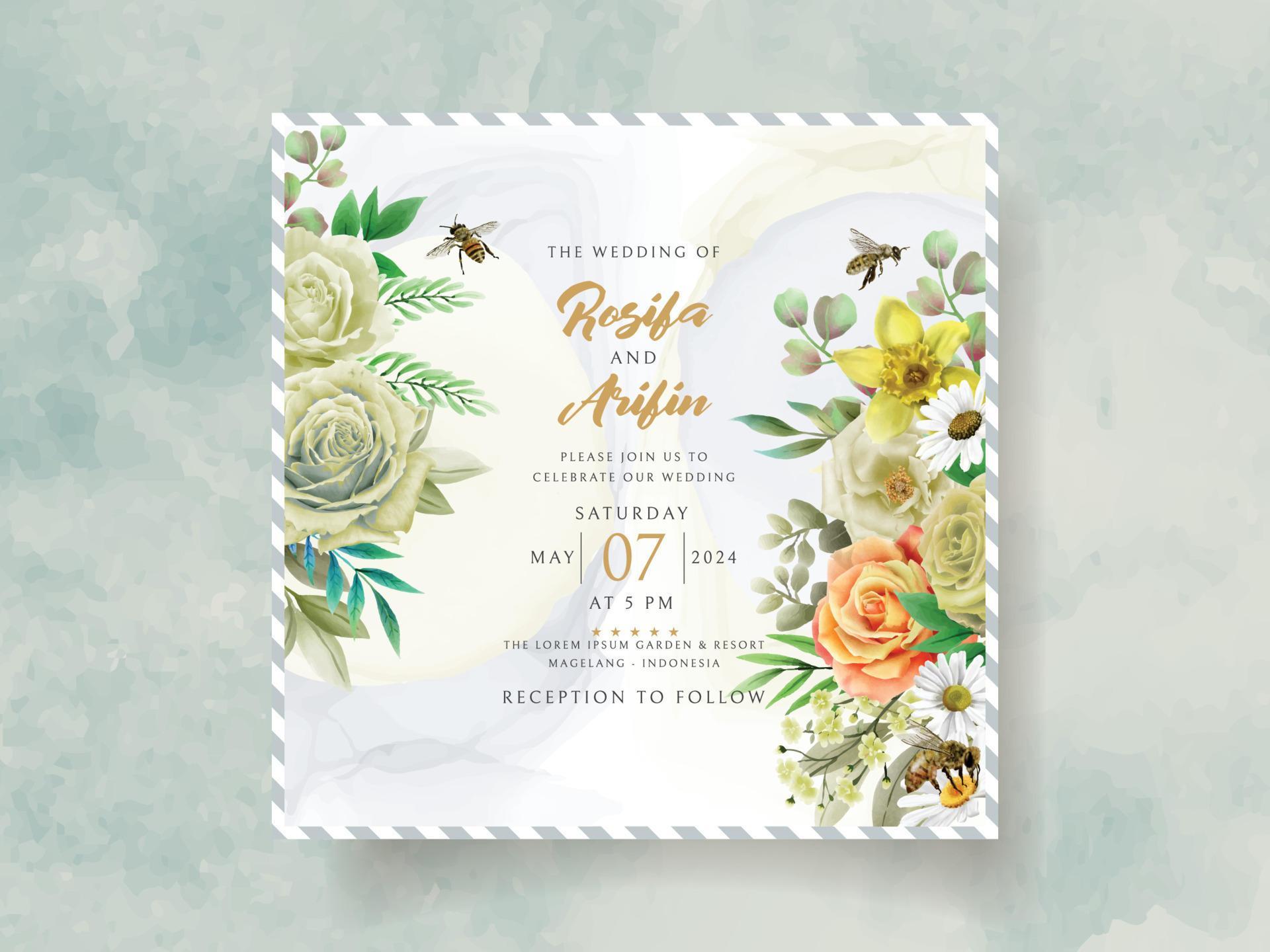 elegant wedding invitation yellow flowers and bees Stock Free