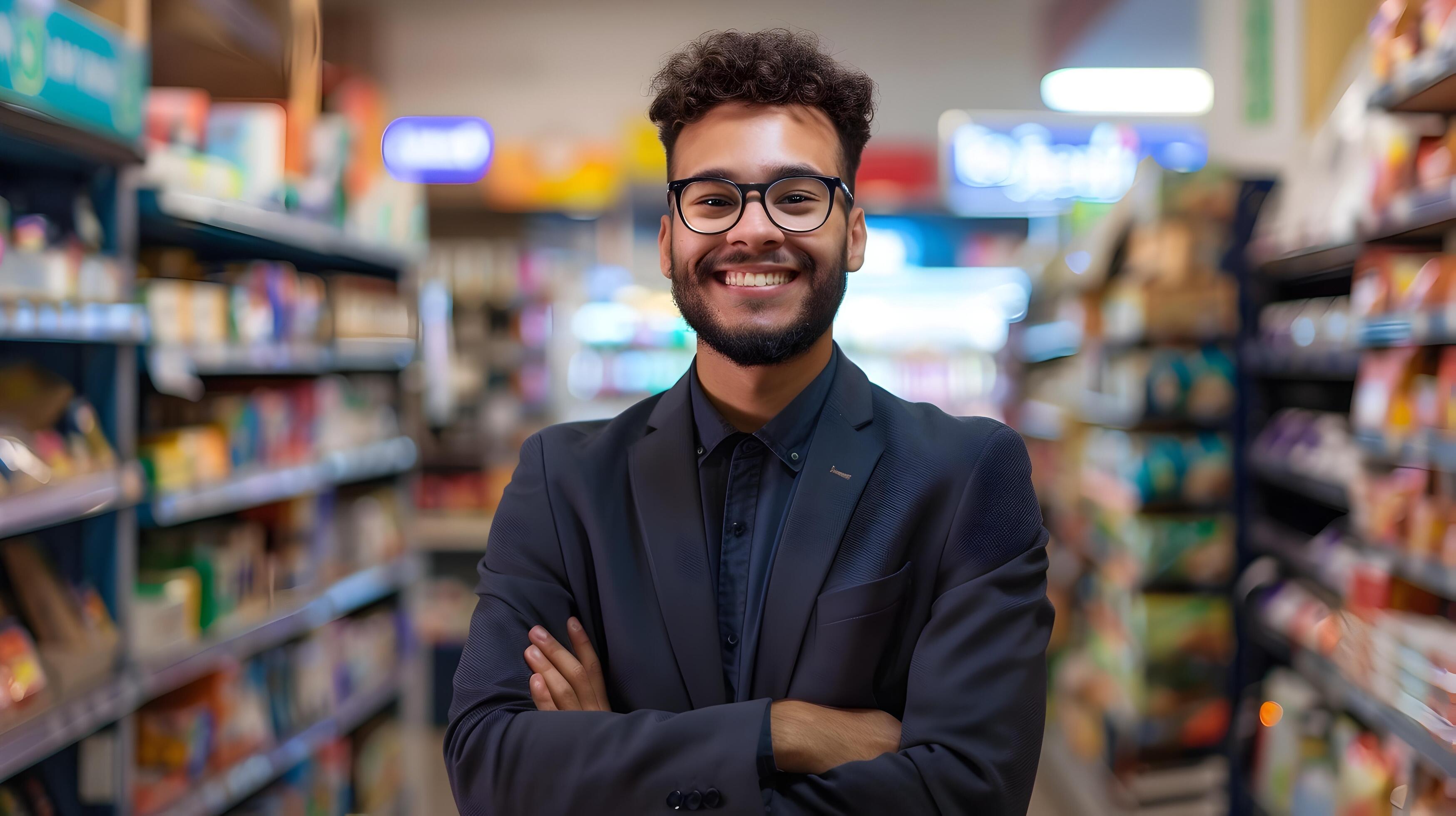 Cheerful Store Manager in Modern Retail Setting Stock Free