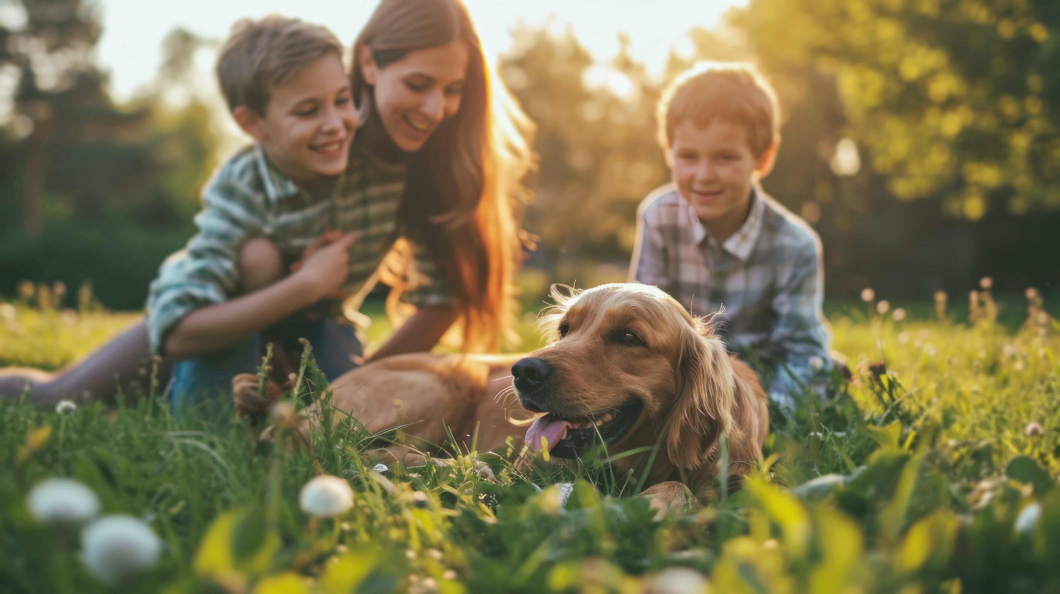 AI generated beautiful advertisment photo of happy beautiful family playing with dog in garden with copy space Stock Free