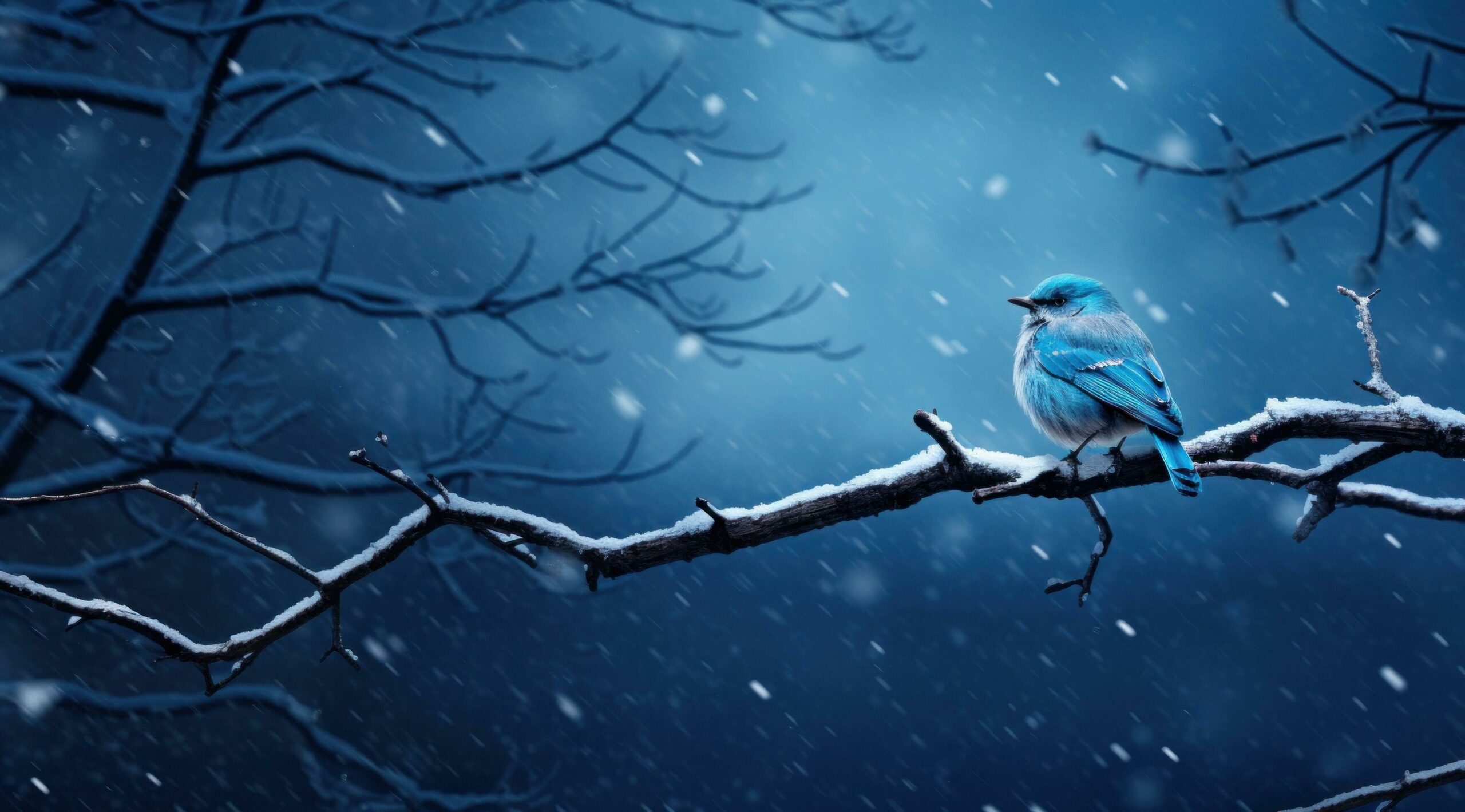 blue bird sitting on small branch in snowy night, Free Photo