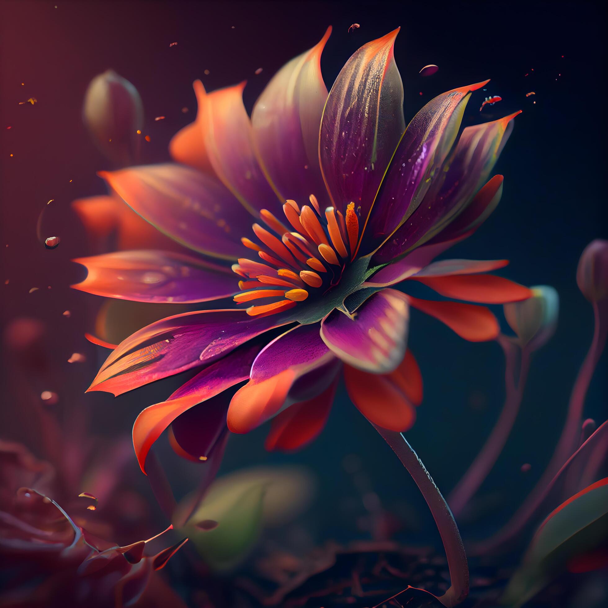 3d illustration of a beautiful flower on a dark background with water drops, Image Stock Free