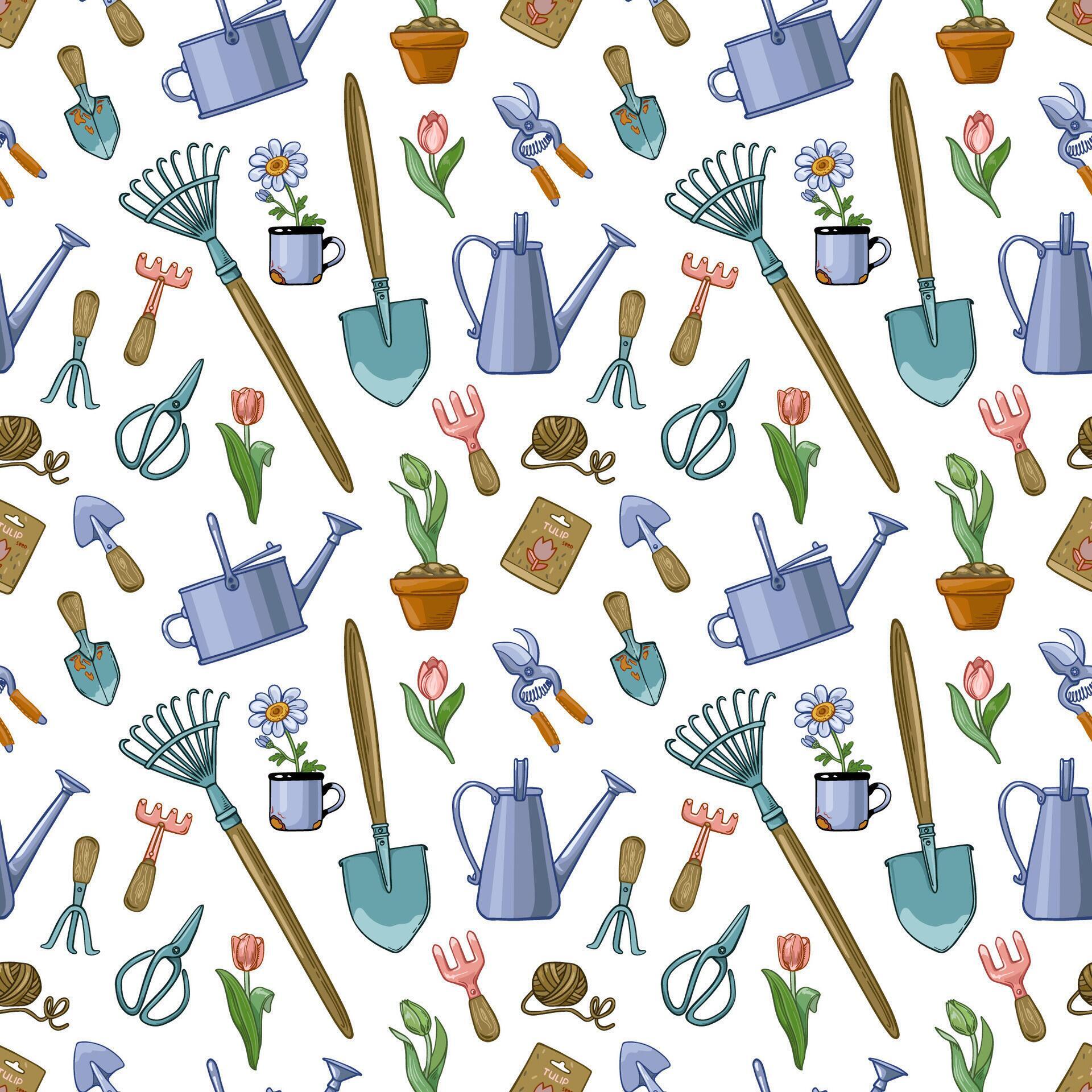 Seamless pattern with gardening tools, flowers, watering cans, bags of seeds on a white background. Vector illustration Stock Free