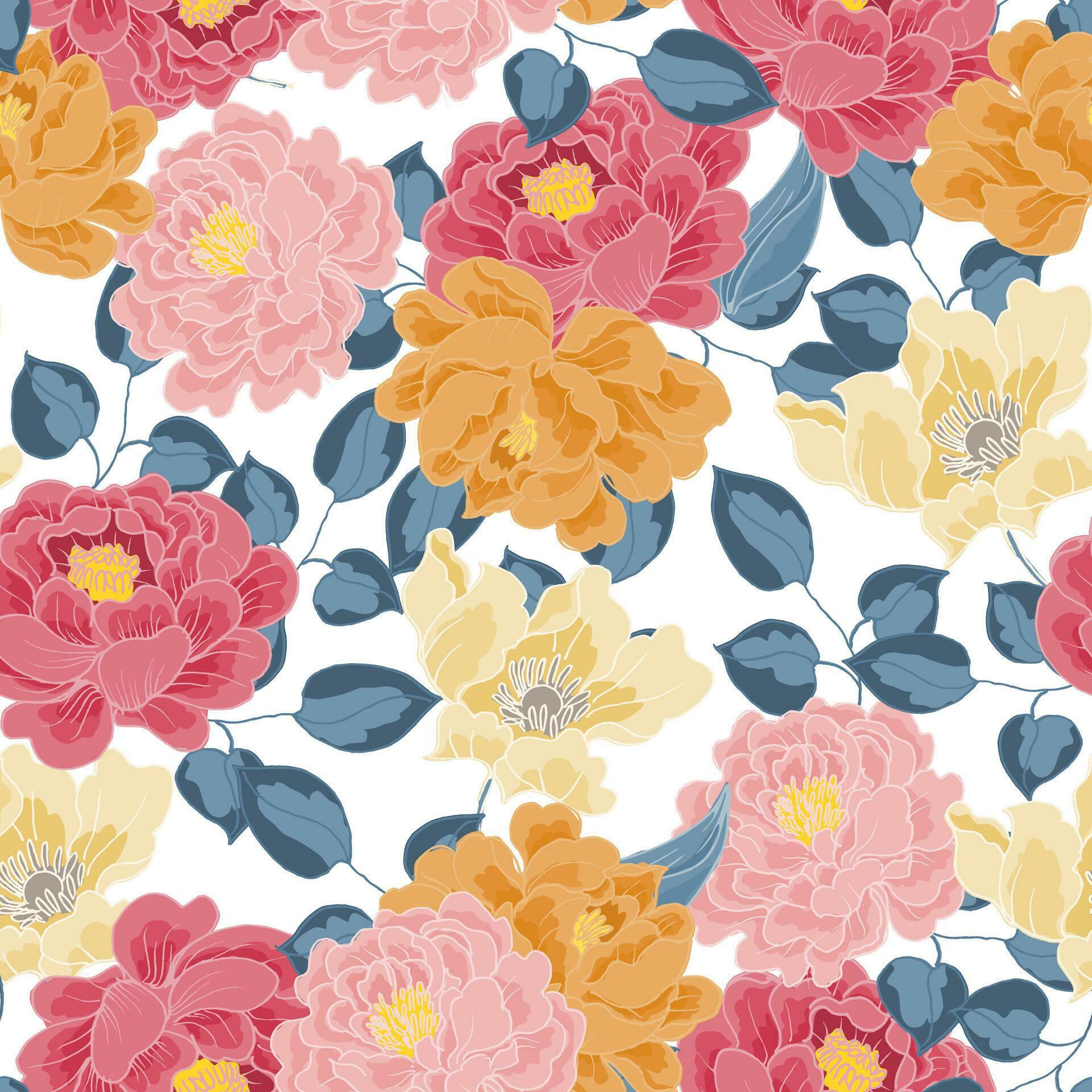 Hand Drawn Rose and Anemone Flower Seamless Pattern Stock Free