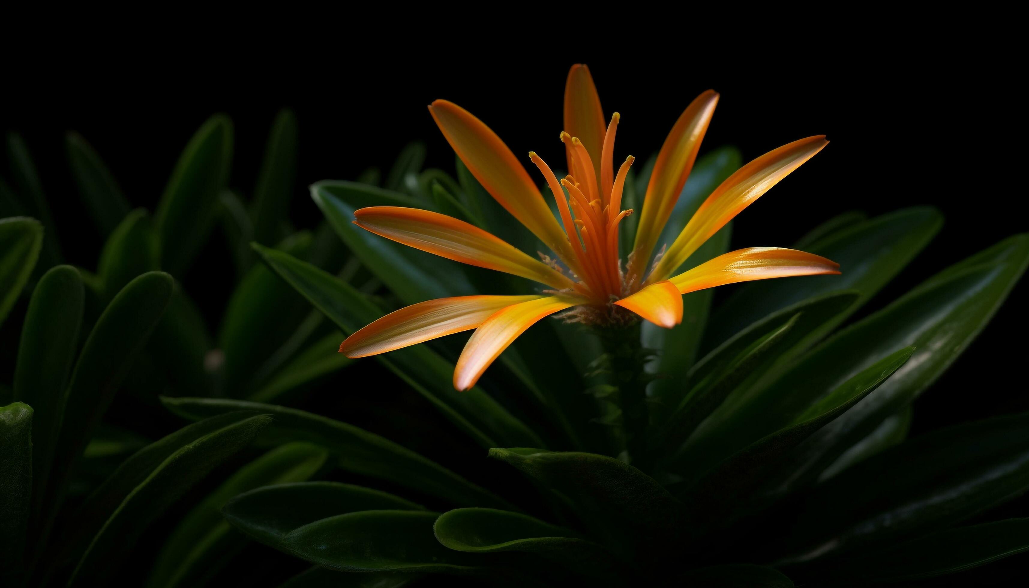 Vibrant tropical flower blossoms in a lush green environment generated by AI Stock Free