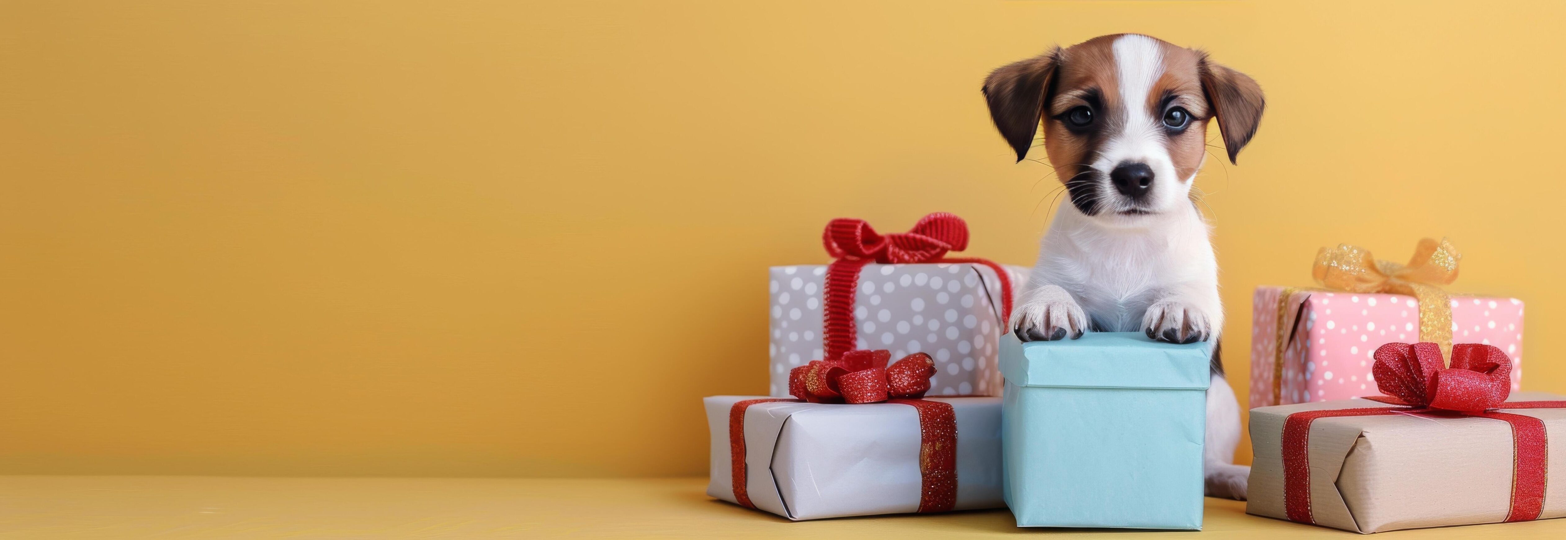 Adorable Puppy Surrounded by Colorful Gifts on Yellow Background Stock Free