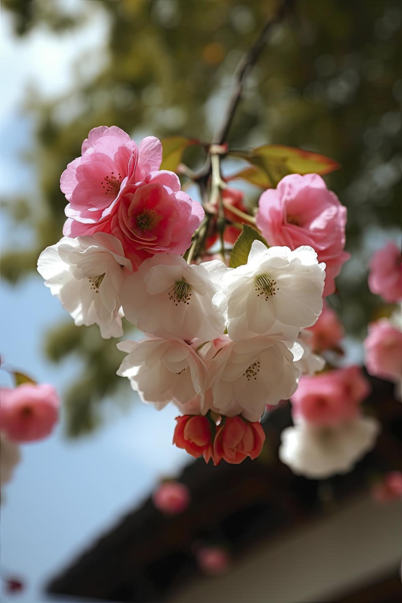 Spring, super real many pink and white silk crabapple flowers hanging on the shelf, pink and white petals, blue sky, generat ai Stock Free