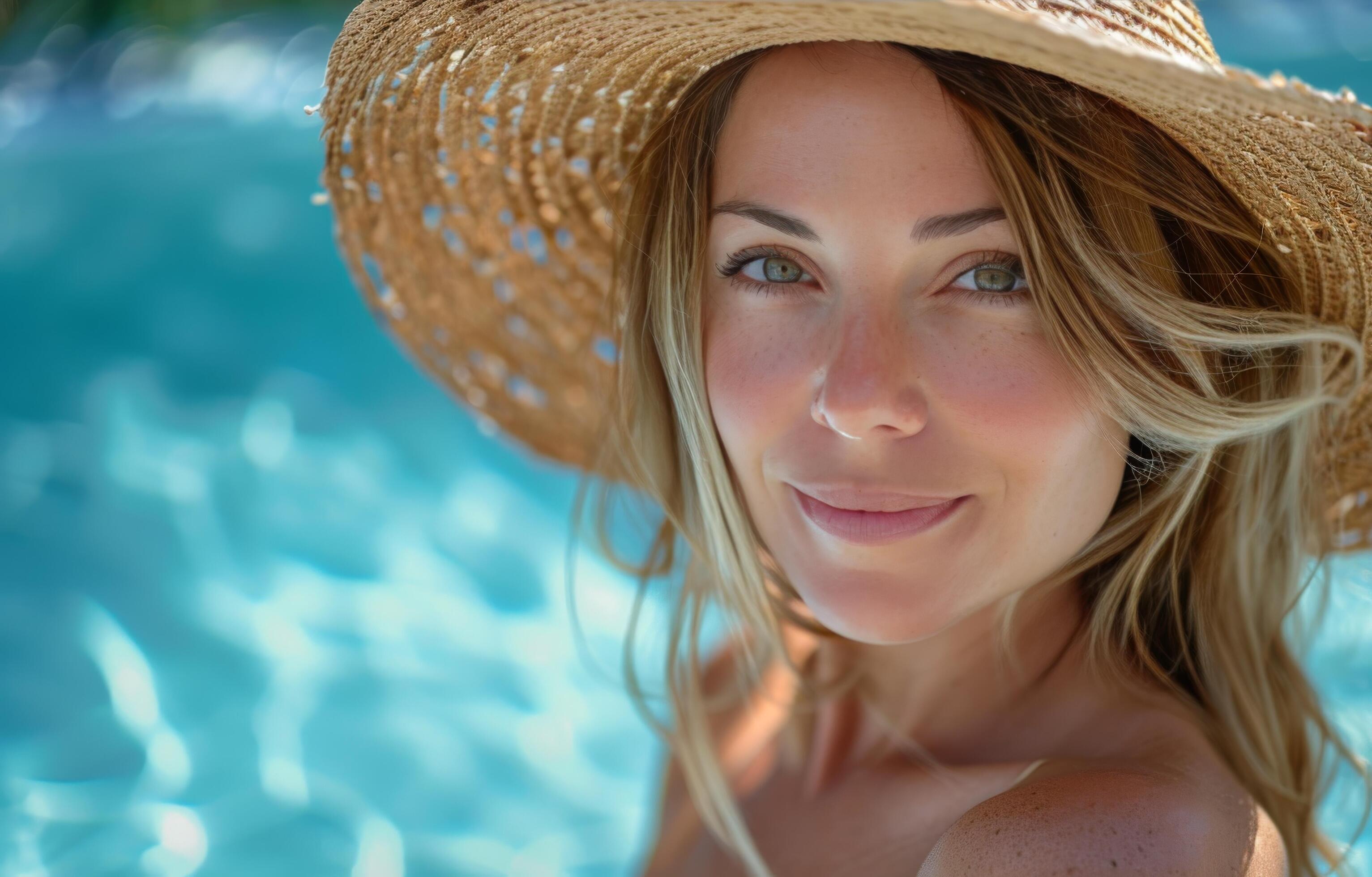 Young Woman With Straw Hat Smiling by Pool on Sunny Day Stock Free