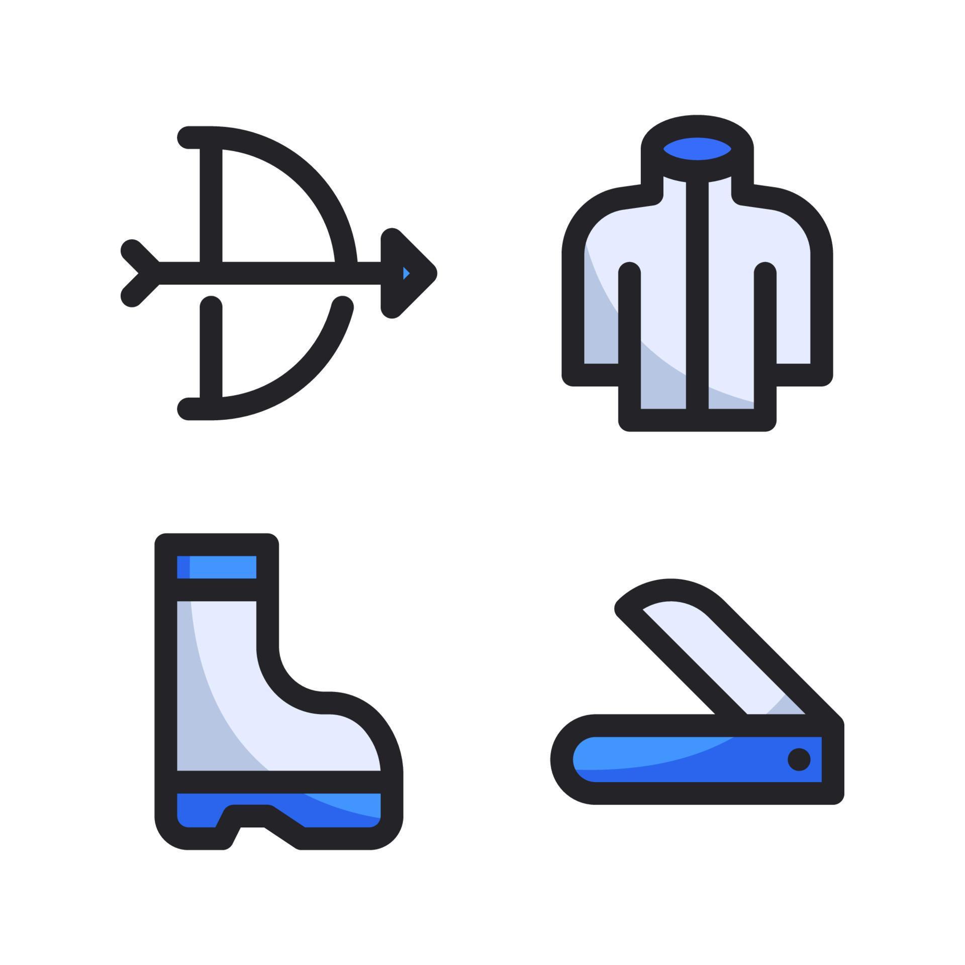 Adventure icons set. Arrow bow, jacket, boots, knife. Perfect for website mobile app, app icons, presentation, illustration and any other projects Stock Free