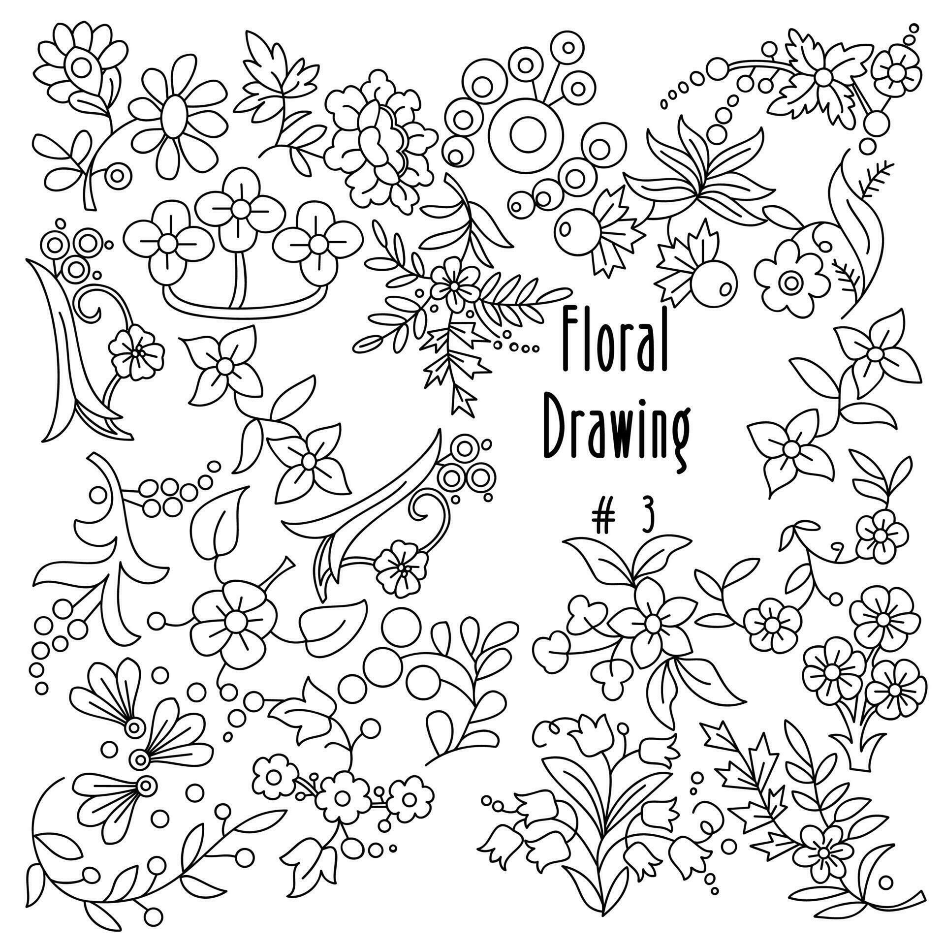 Doodle floral design, beautiful flowers and leaves with black outlines, flat design with hand drawn, vector illustration. Stock Free and Free SVG