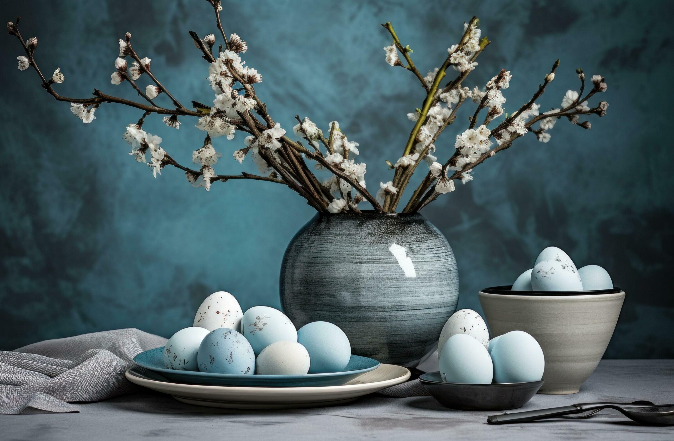 the easter morning table with colored eggs decorated in the bridle, Free Photo