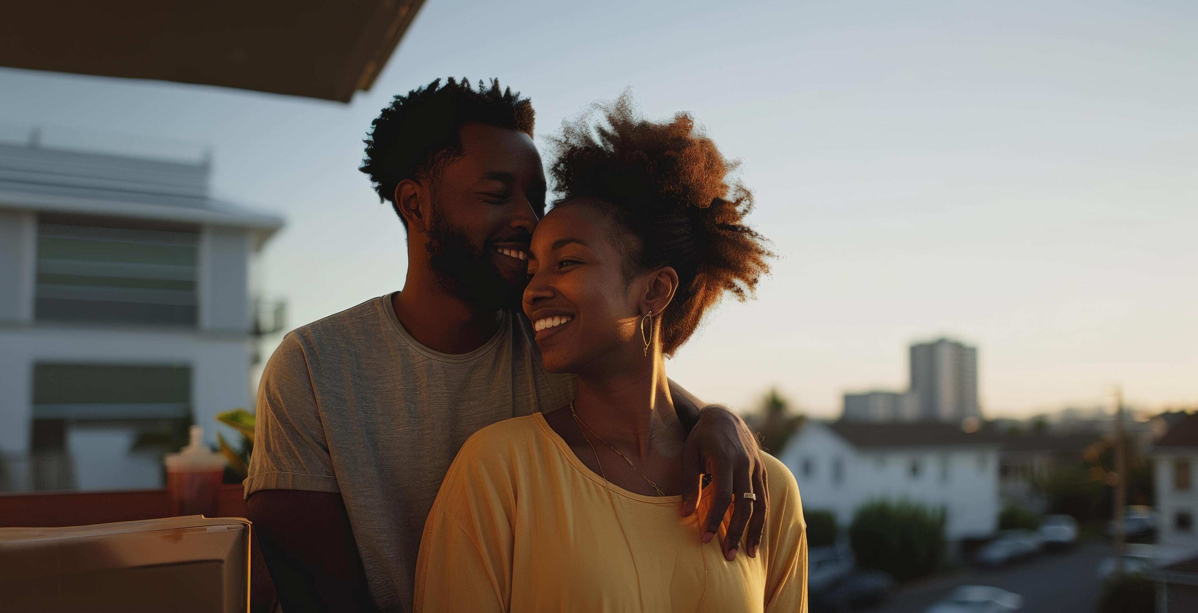 Happy couple enjoying a sunset on their new apartment after moving in, themes of love, romance, and urban living Stock Free