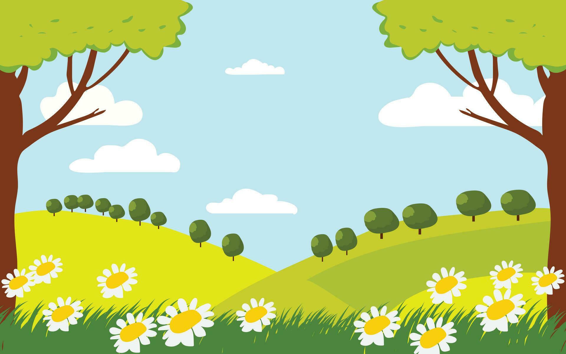 Flat clip art with a natural green background and flower vector illustration Stock Free