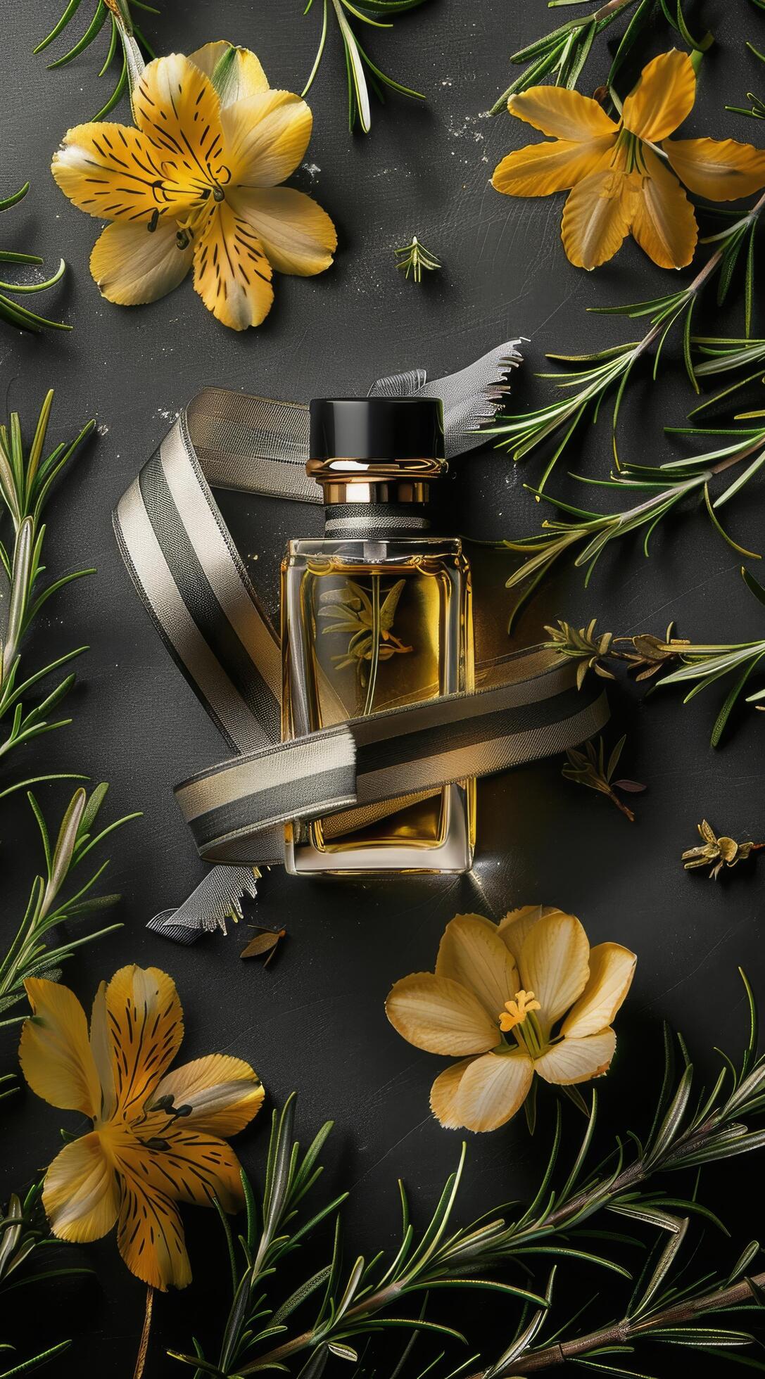 Glass Bottle of Perfume Surrounded by Yellow Flowers and Rosemary Sprigs Stock Free