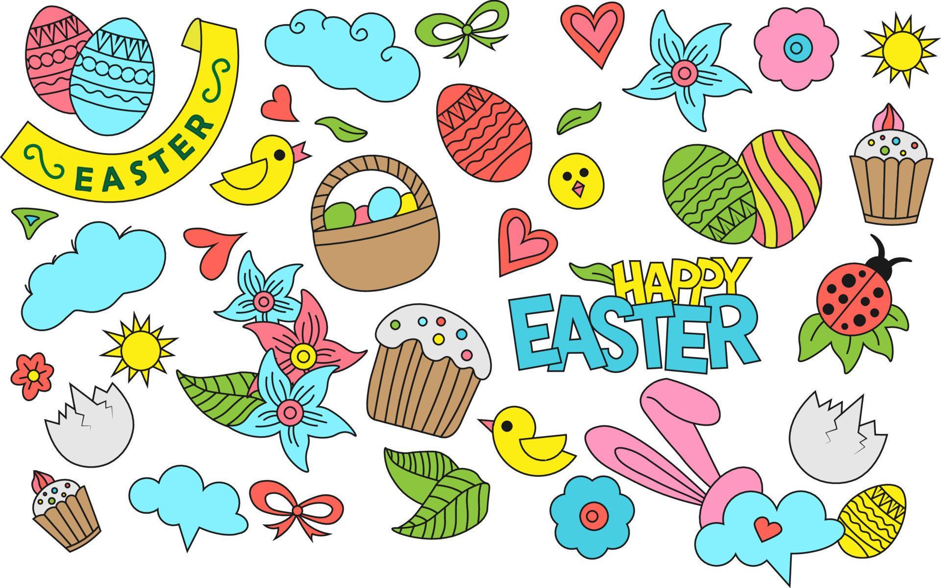 seamless pattern with flowers. Vector drawing symbol pattern. Happy Easter. Eggs. Easter cupcake. Flowers. Bunny. Chick Stock Free