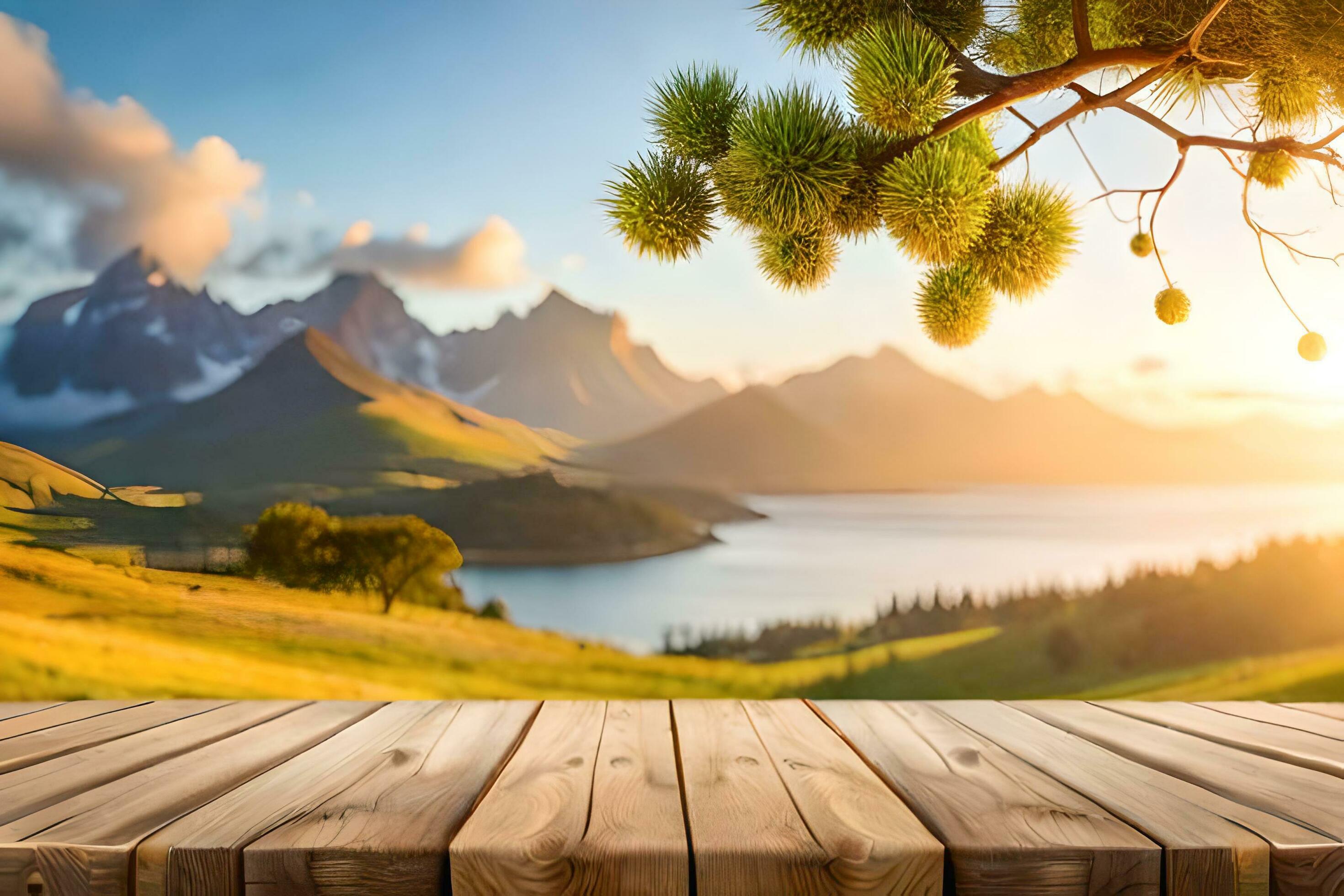 A rustic wood table in the middle of a nature background for product Display Stock Free