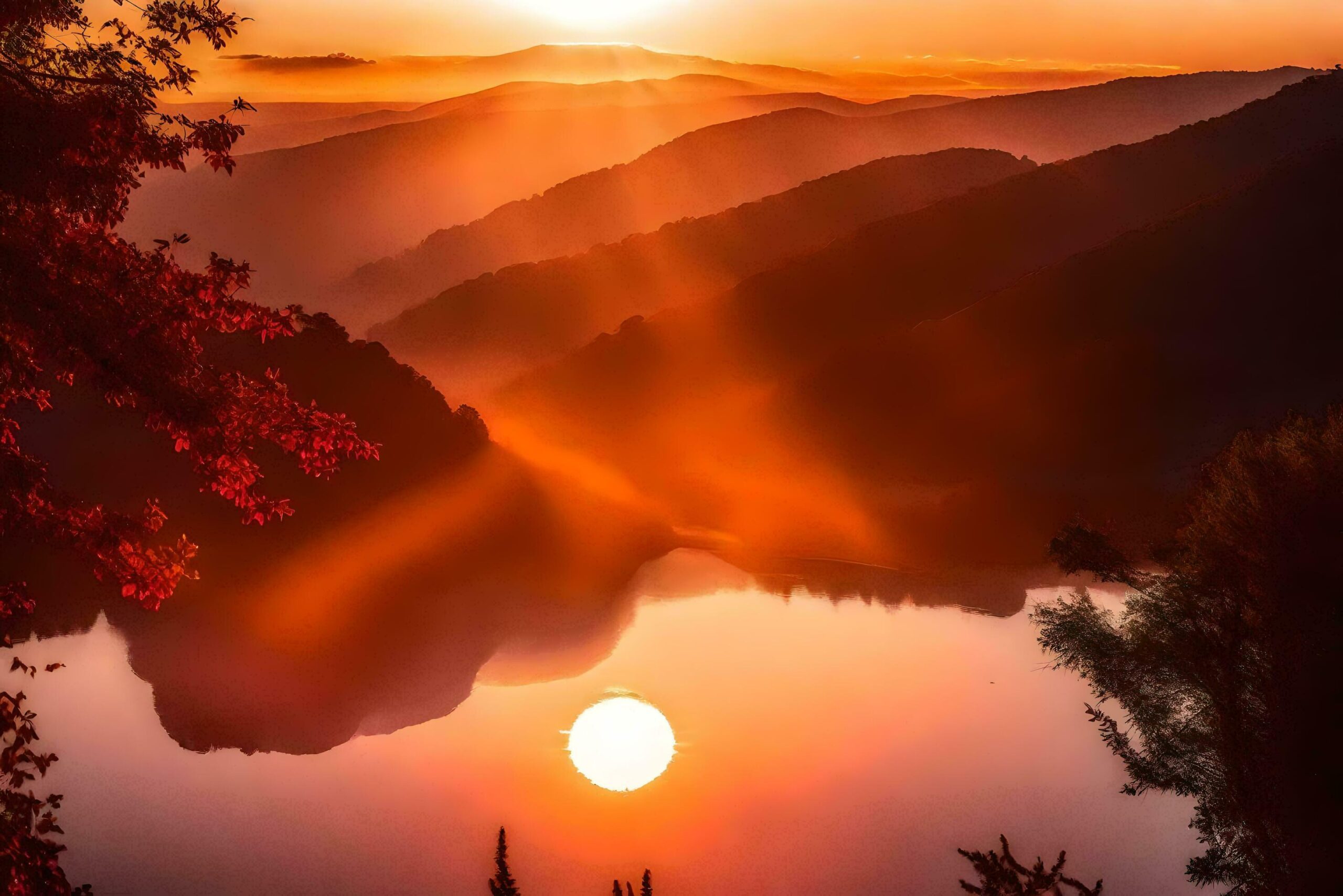 sunset over the mountains, with a lake and trees Free Photo