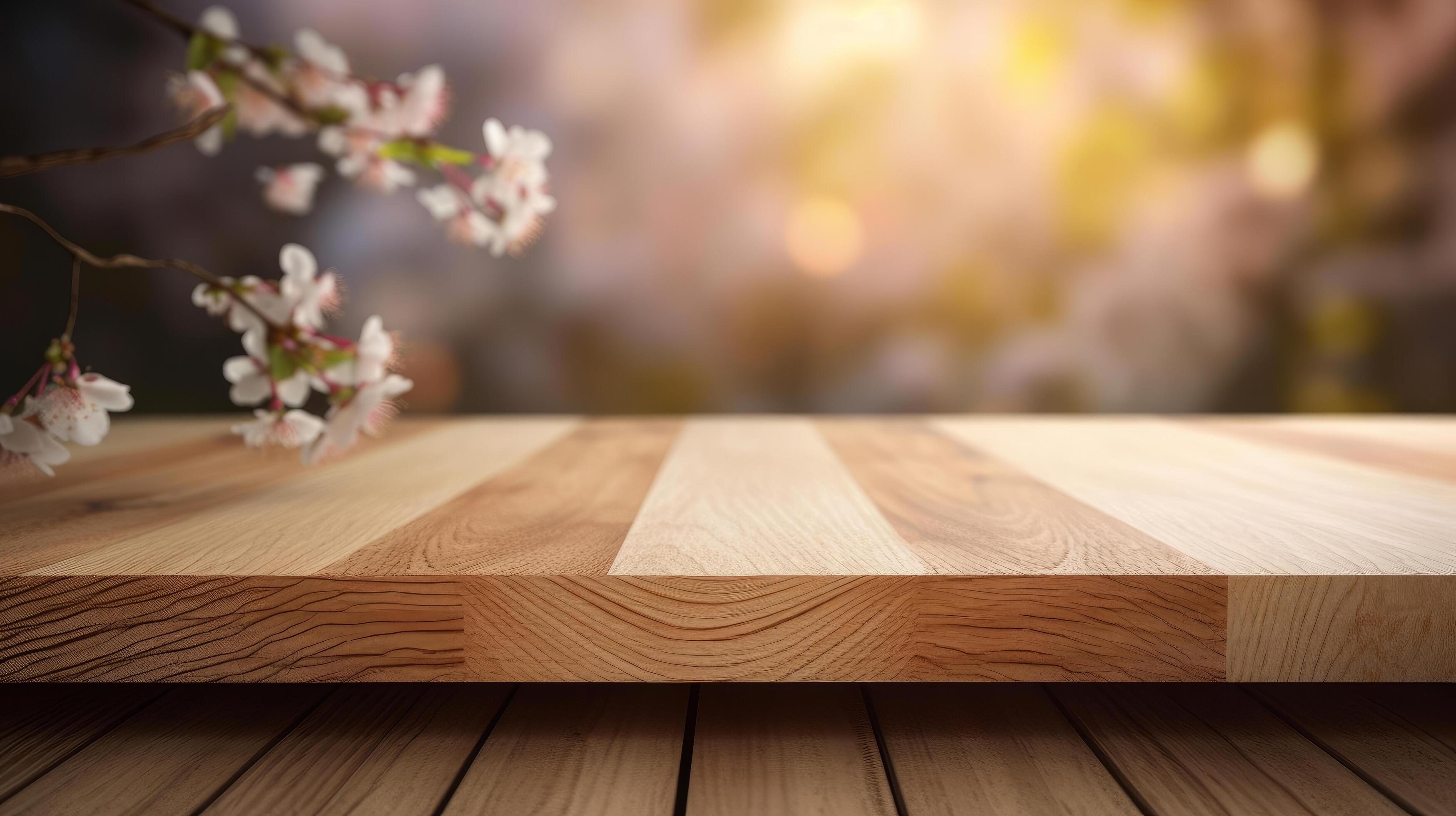 Empty wooden table with sakura flowers. Illustration Stock Free