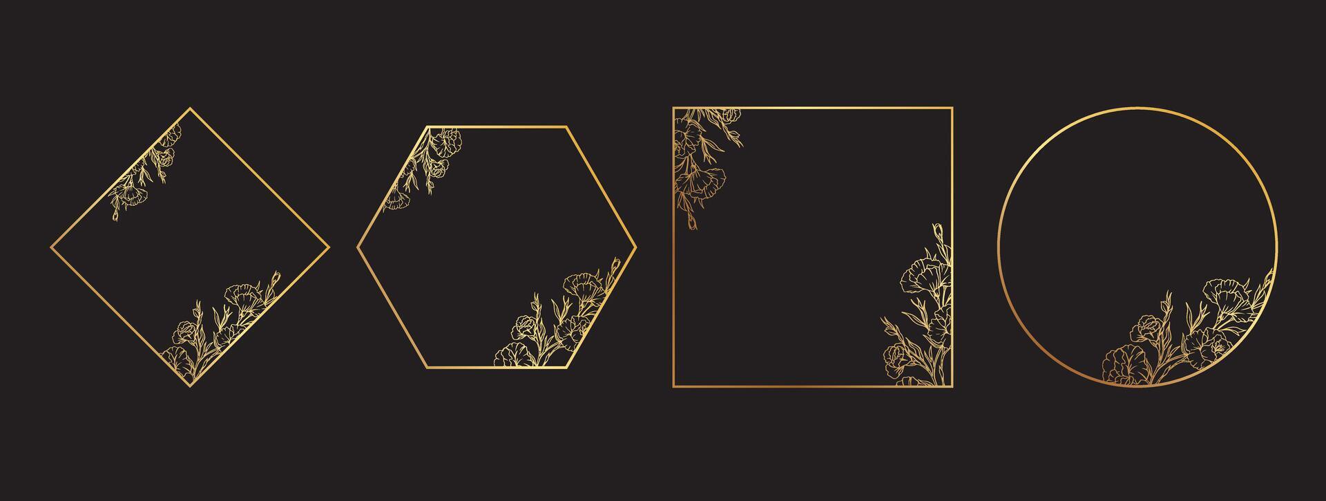 Luxury floral geometric frames, golden botanical border design, elegant line art design of flowers and leaves frames for invitation. illustration Pro Vector