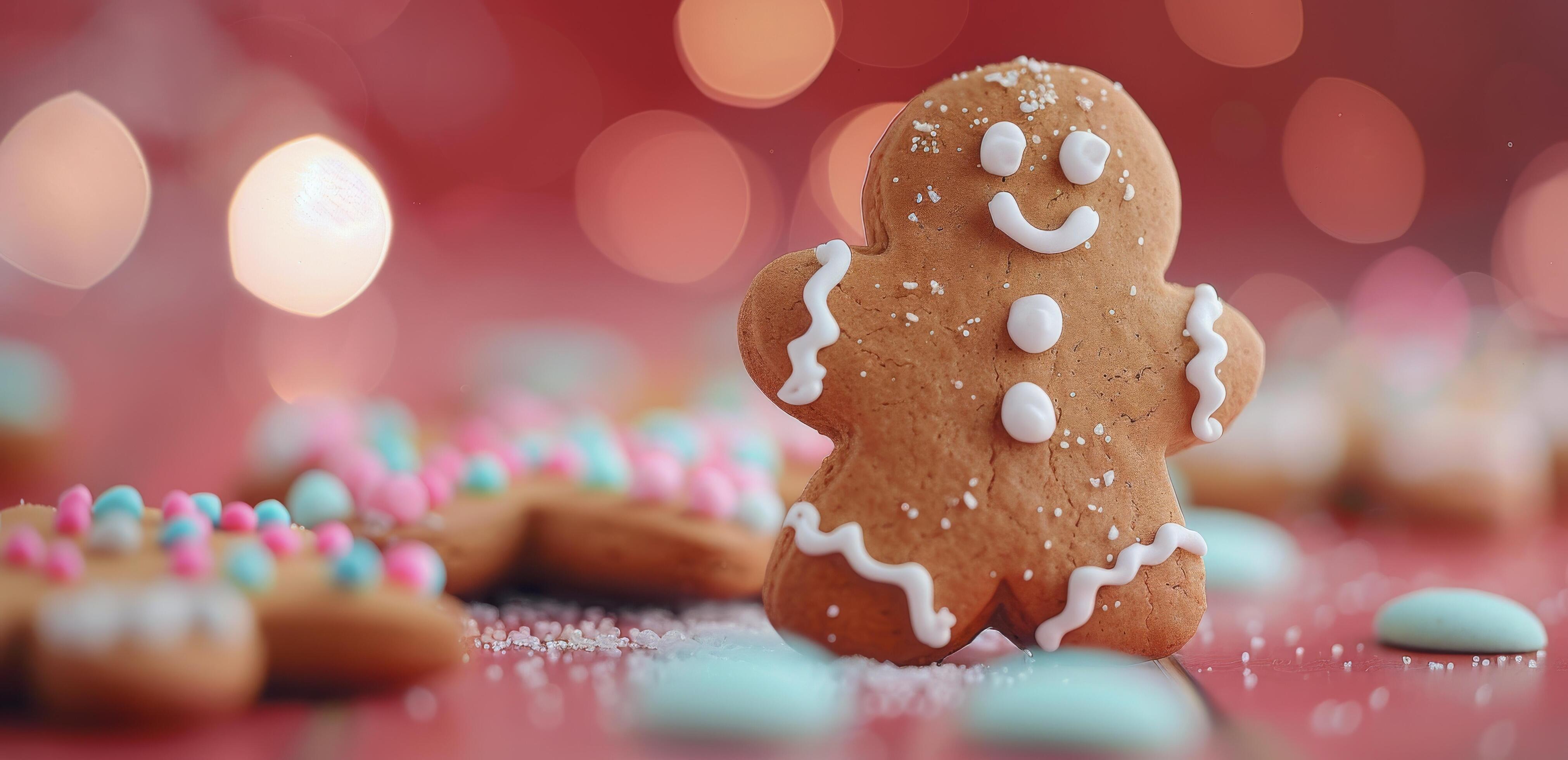 Gingerbread Cookies With Decorations on Red Background Stock Free