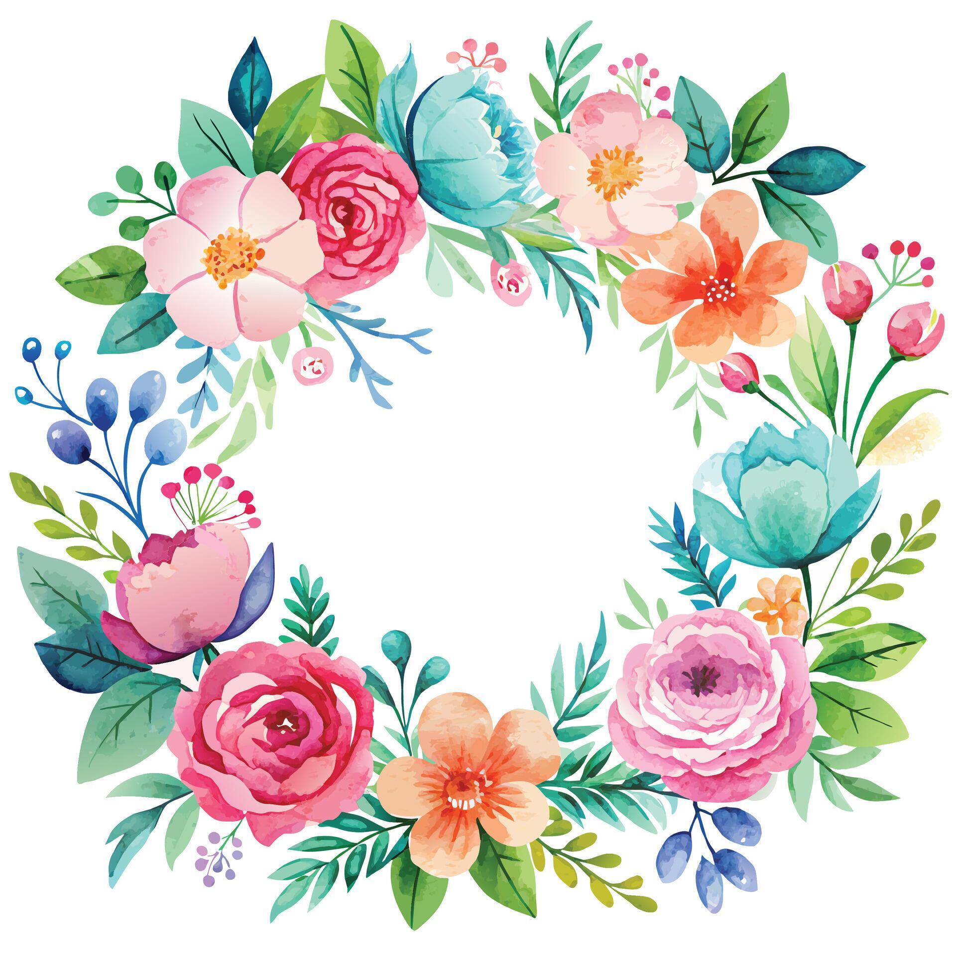 Watercolor floral wreath with flowers and leaves. Hand drawn vector illustration. Stock Free