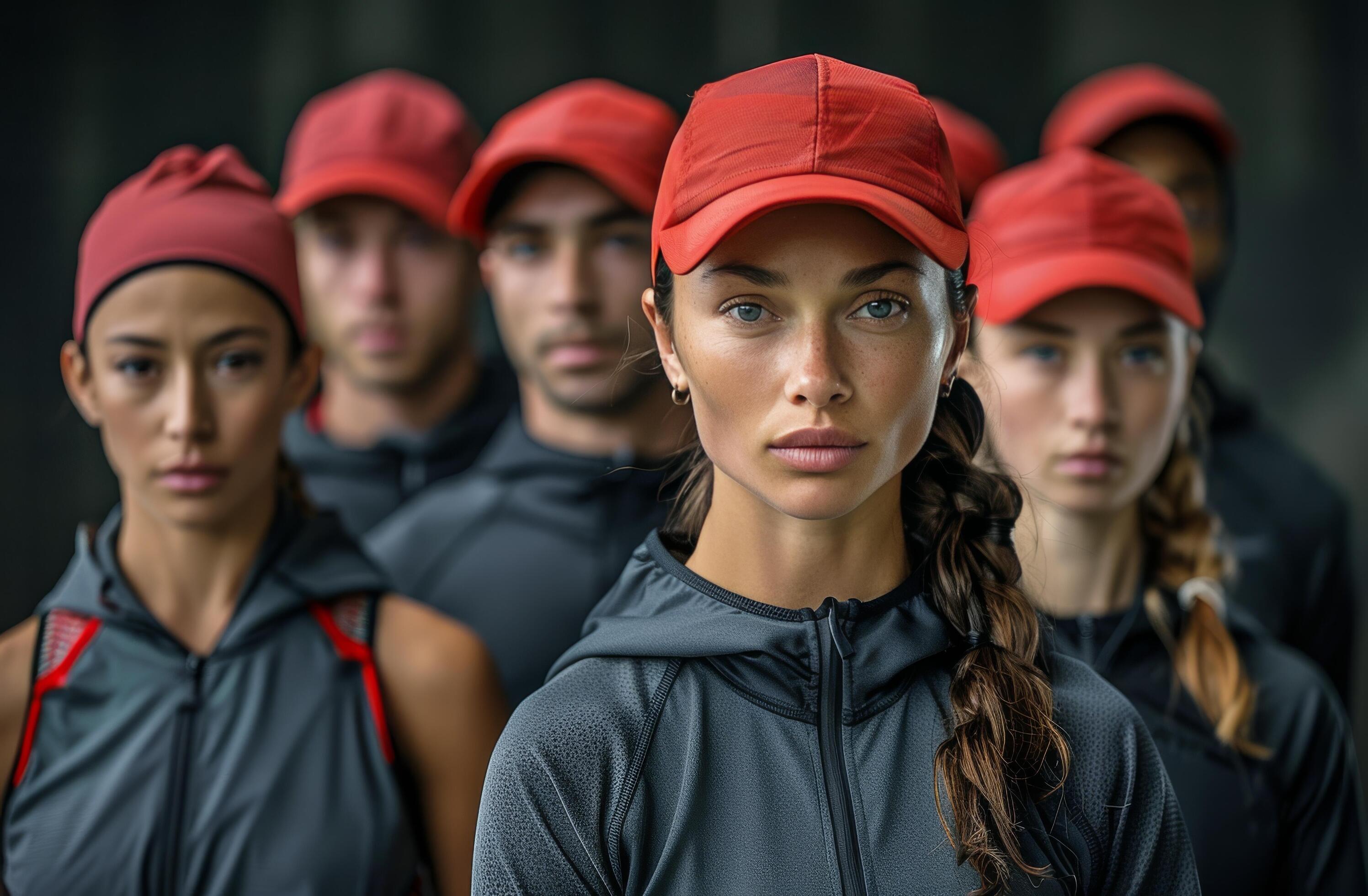 Focused Athlete in Red Cap Leading a Team During Outdoor Training Stock Free