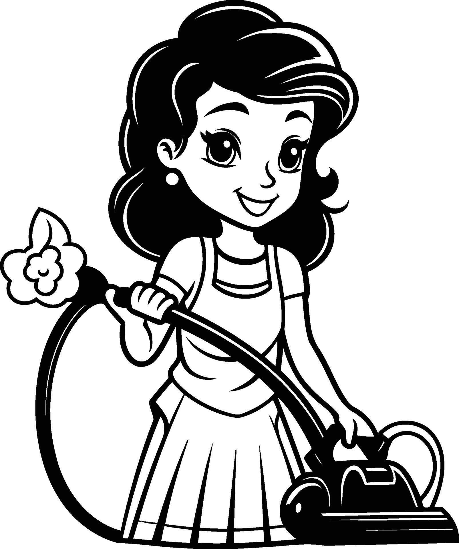 Cute girl with a vacuum cleaner and a flower. illustration. Stock Free