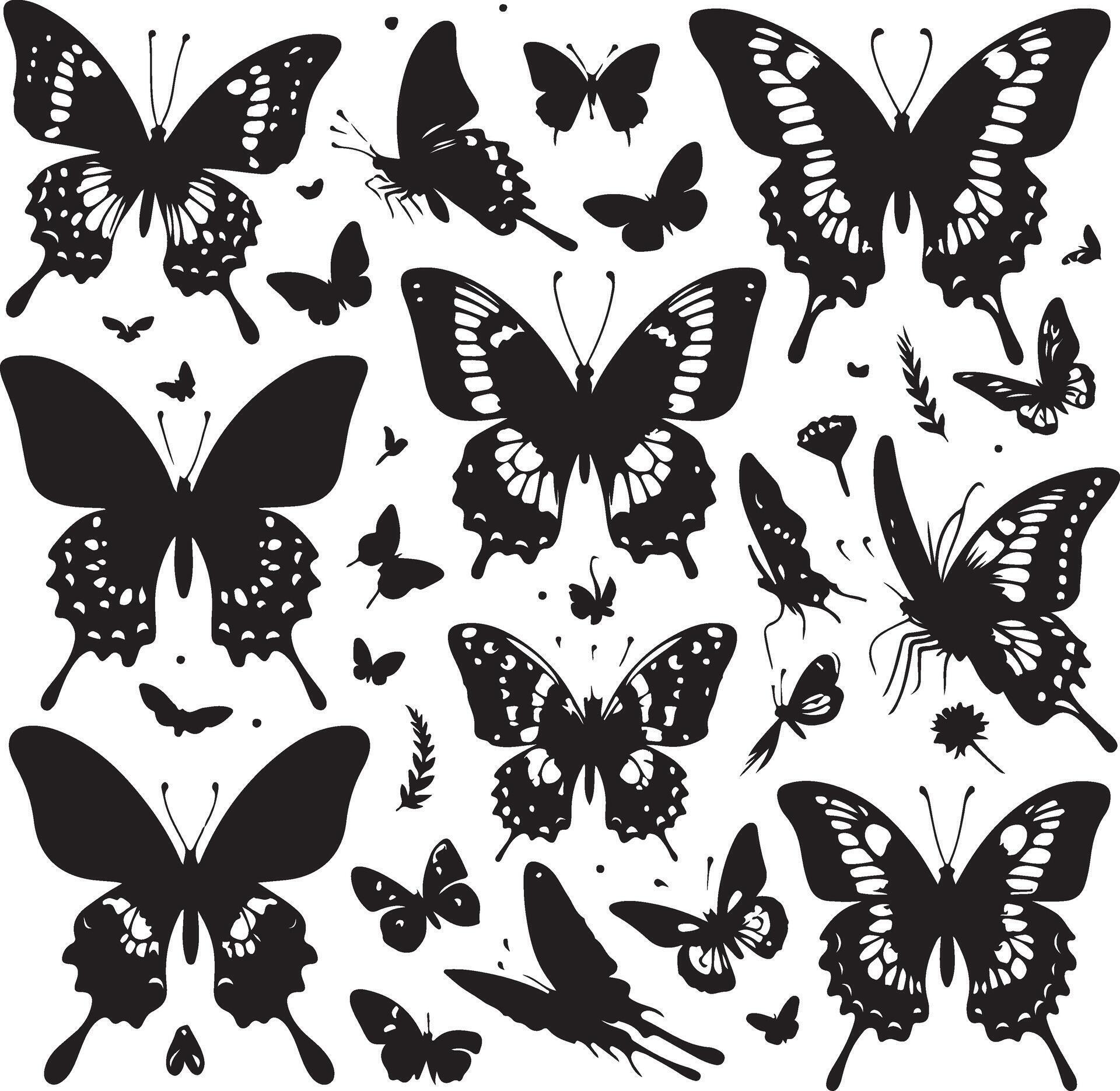 Butterflies and flowers, pattern with butterflies, set of butterflies, Flying butterflies silhouette black set isolated on white background Stock Free