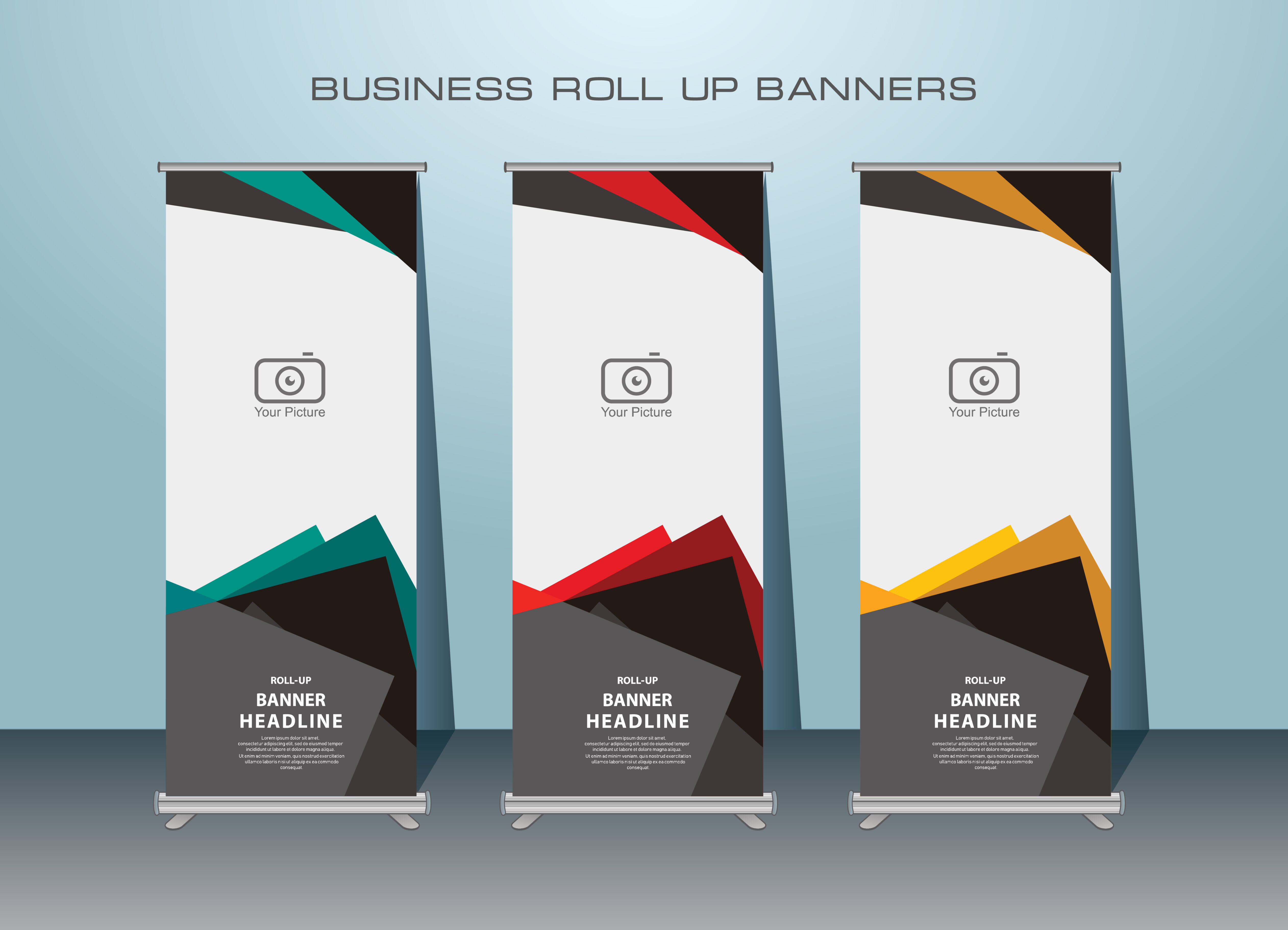 Angled Shape Roll Up Banner Design in 3 Colors Free Vector