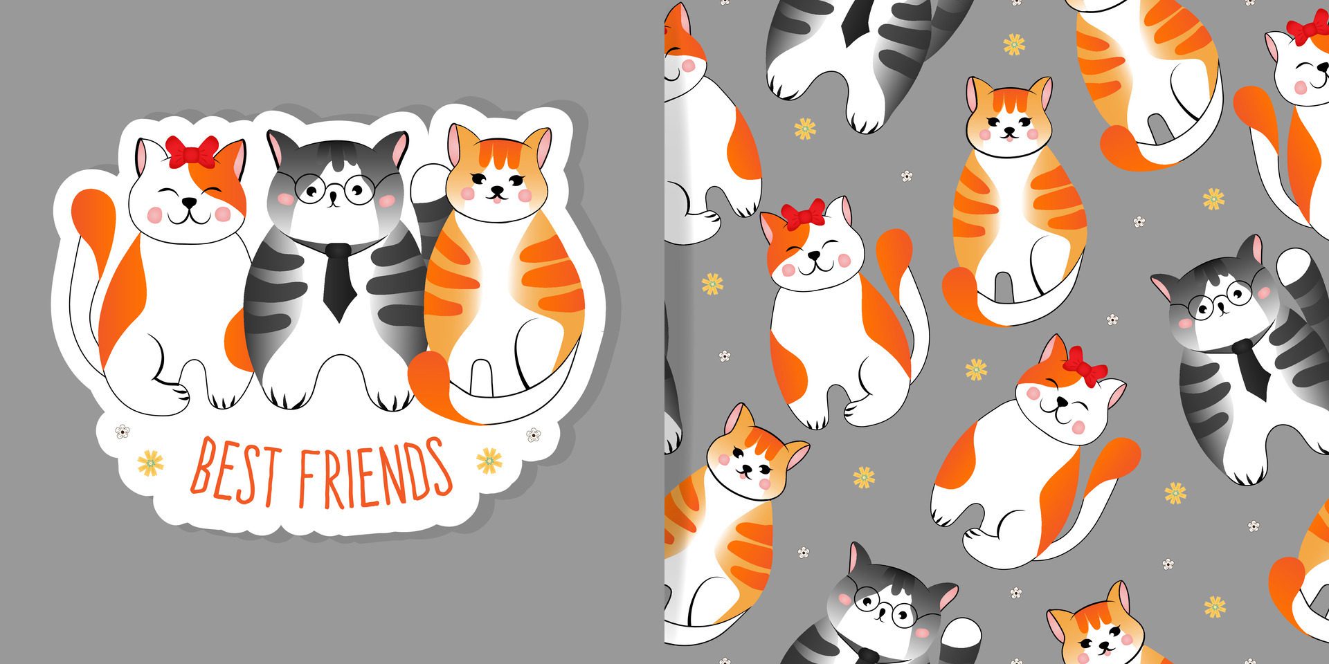 Set of card and seamless pattern with grey and red striped cats on grey background. Illustration for children, fabric. Free Vector