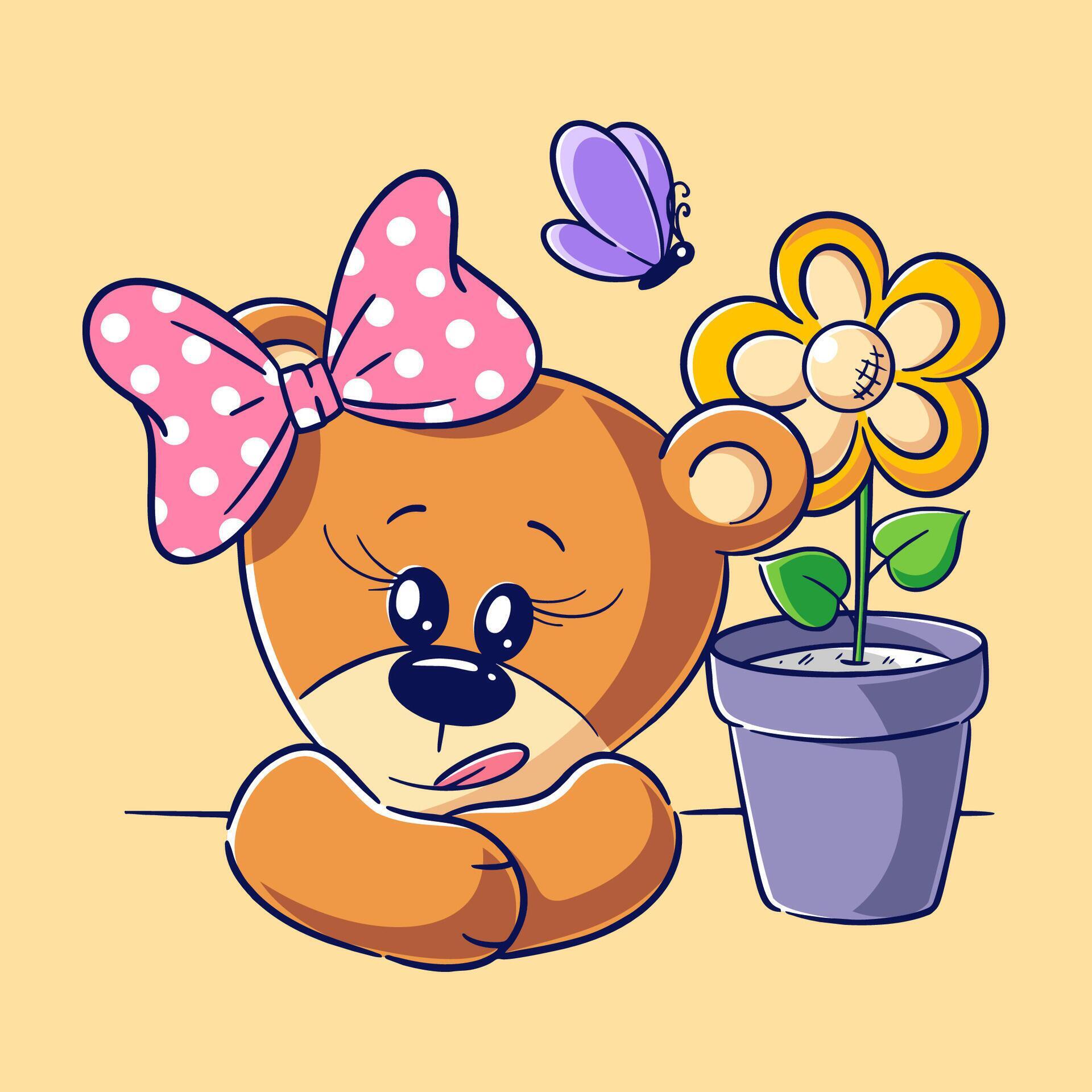 Cute bear is sitting beside the flower Stock Free