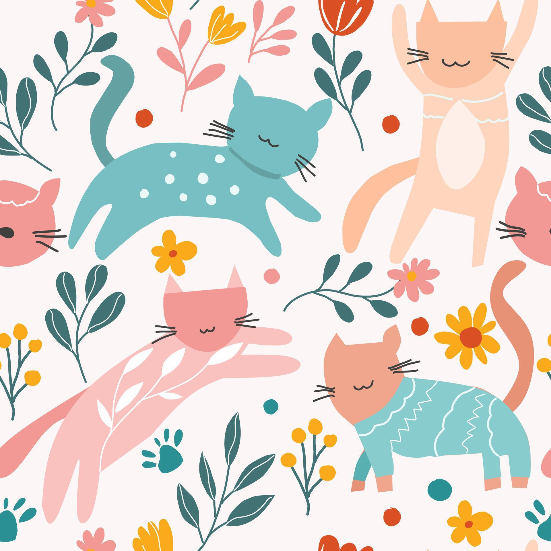 Cute Cat and Flower Seamless Pattern Stock Free