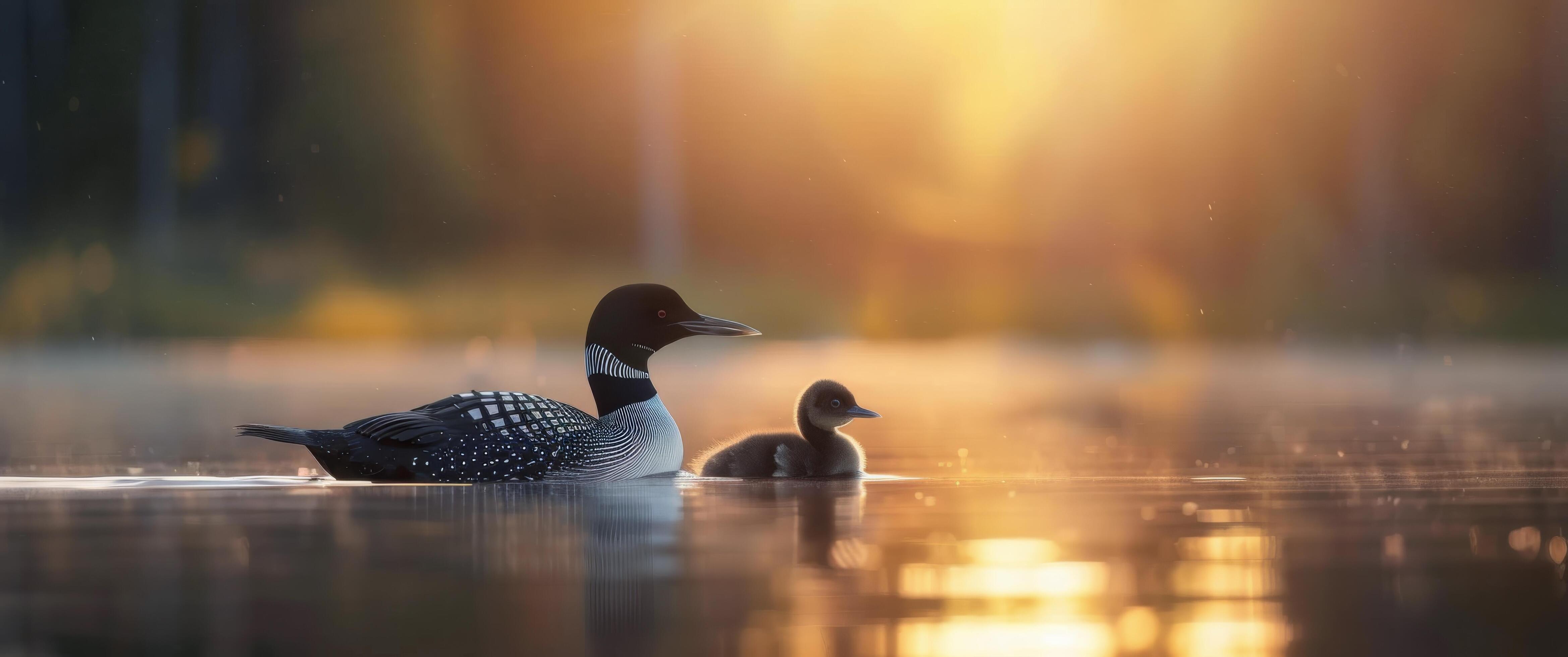 Loon and Chick at Sunrise Stock Free