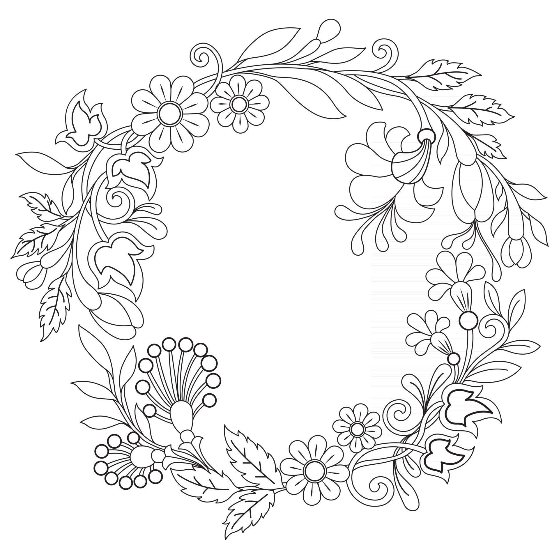 Flower design wreath Hand drawn sketch for adult colouring book Stock Free