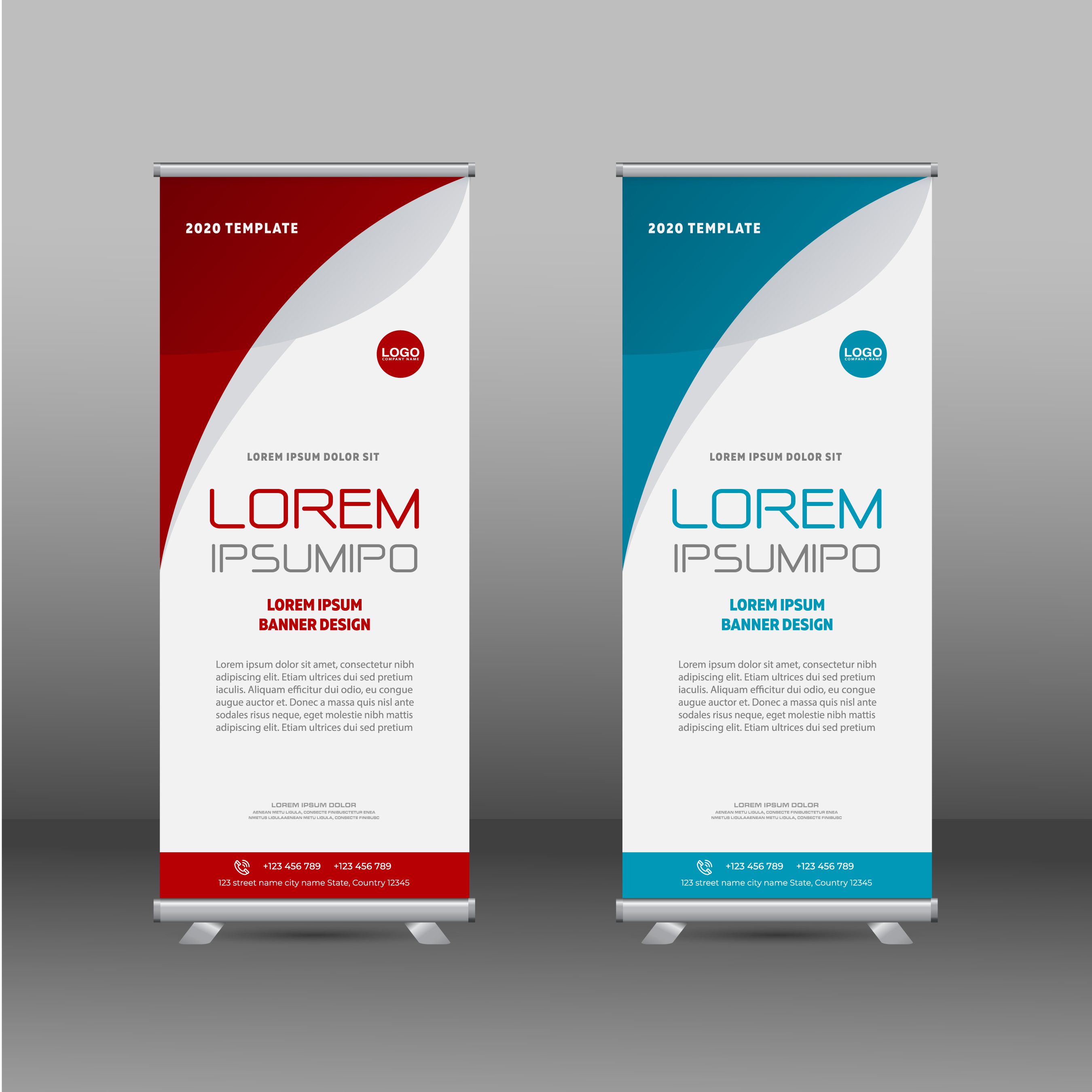 Professional roll up banner in red and blue Free Vector