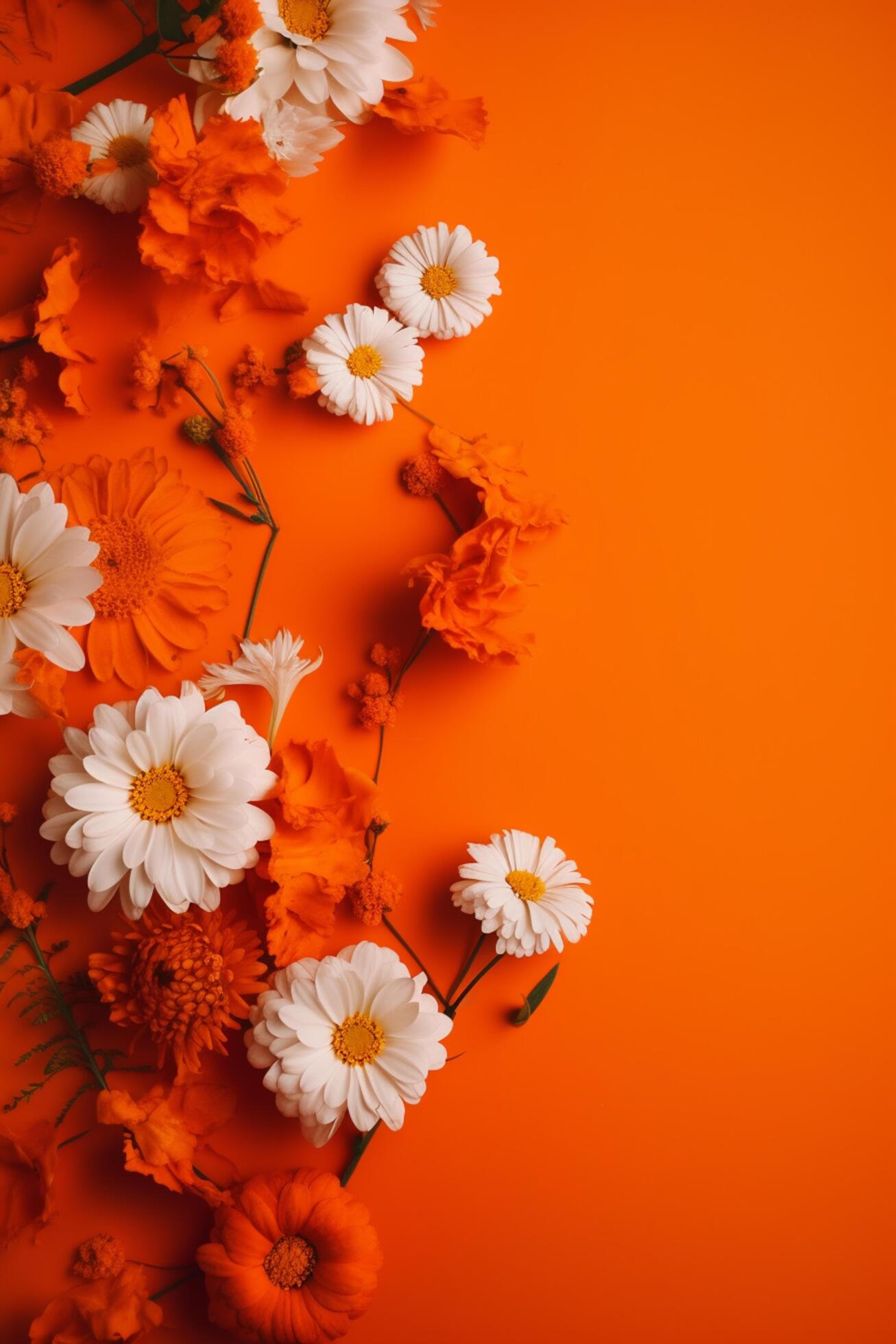 Blossoms in Orange White and Orange Flowers on an Orange Background Stock Free