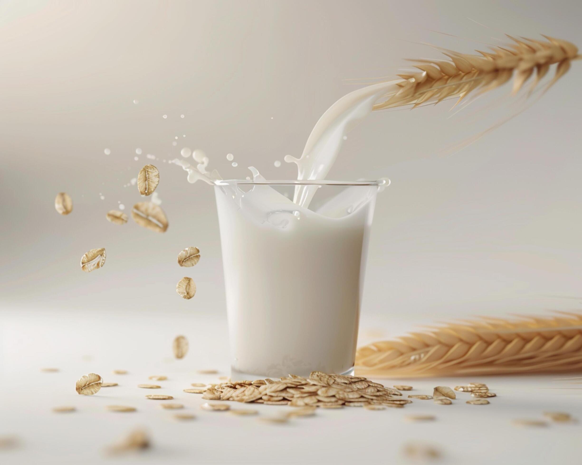 a glass of milk and oats on a table Stock Free