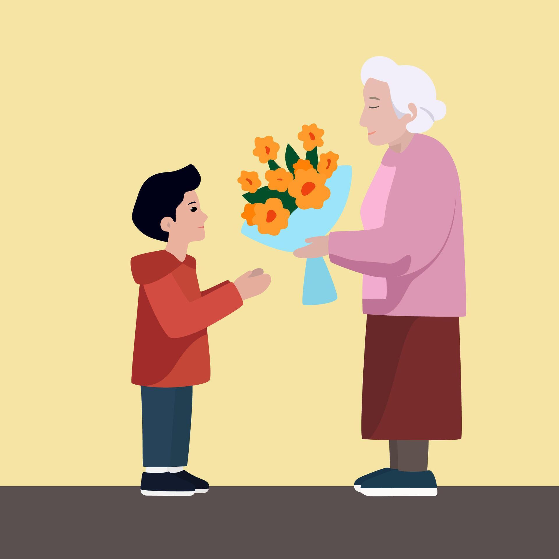 A boy on the street presented a bouquet of flowers to an unknown old woman Stock Free