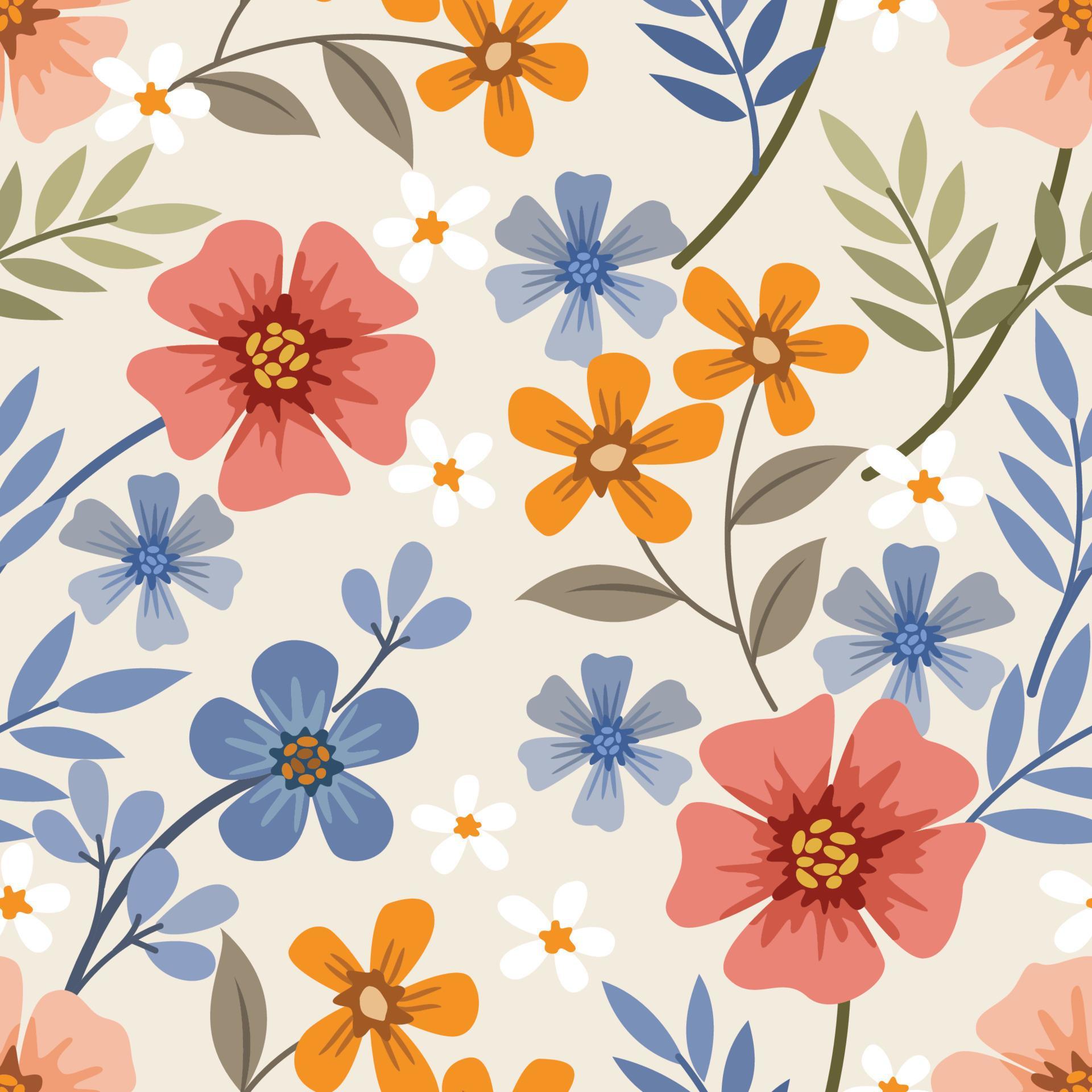 Colorful hand draw flowers on yellow color background seamless pattern Stock Free