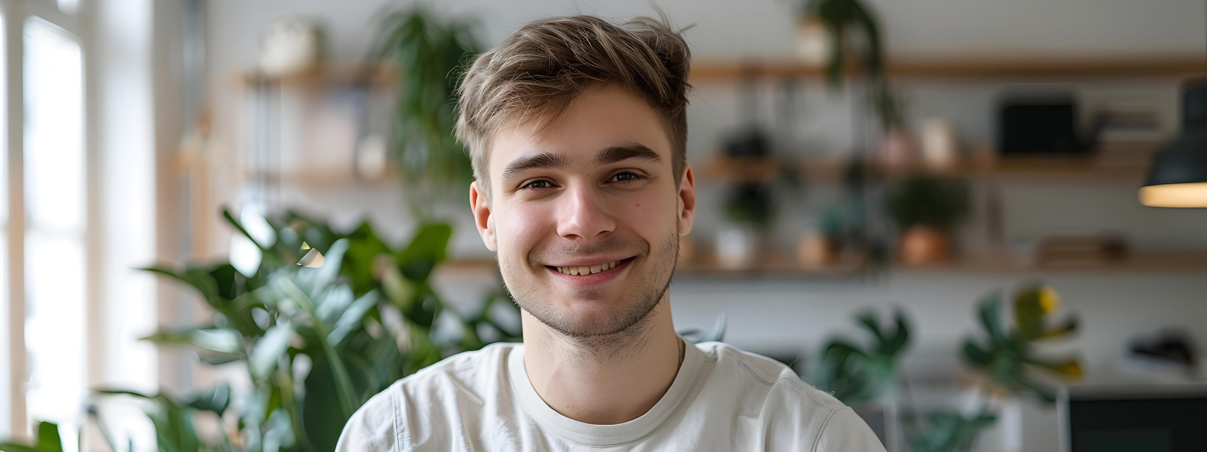 Confident Young Professional Smiling in Bright Office Environment Stock Free