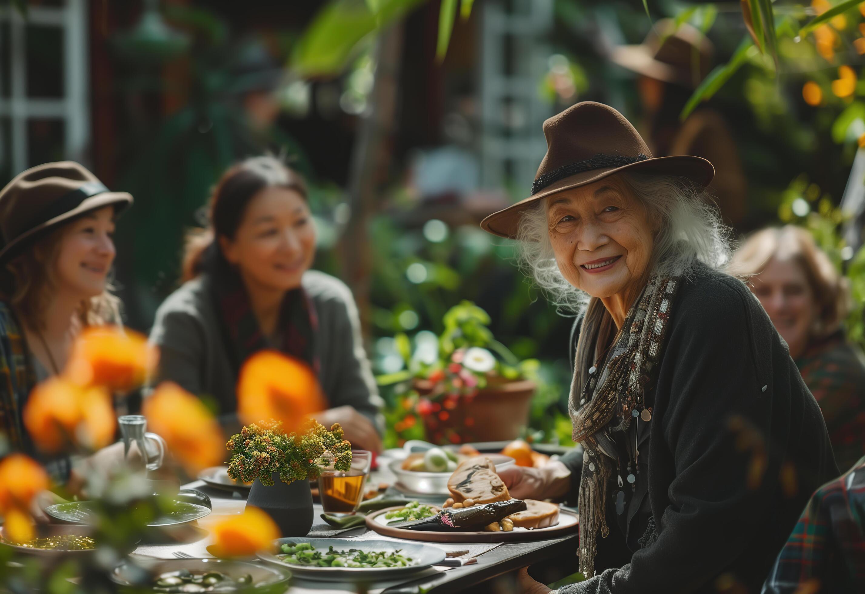 A joyful senior grandmother sits surrounded by her family at an outdoor dinner table. . Stock Free