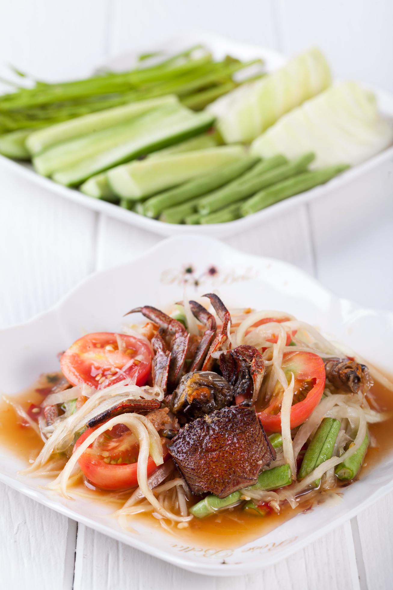 Somtum, papaya salad delicious food in thailand Stock Free