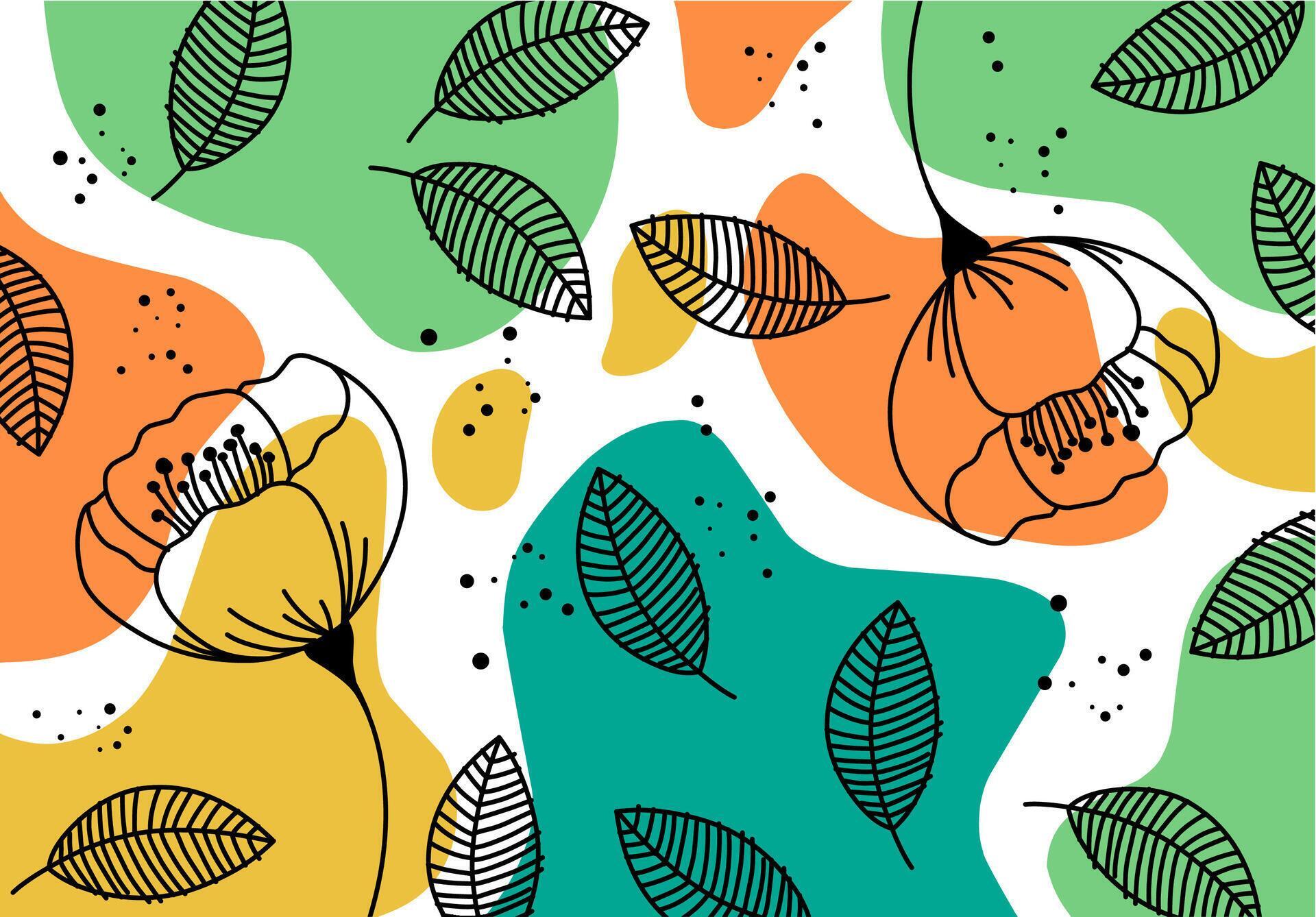 flower and leaf motif wallpaper with orange green abstract background Stock Free