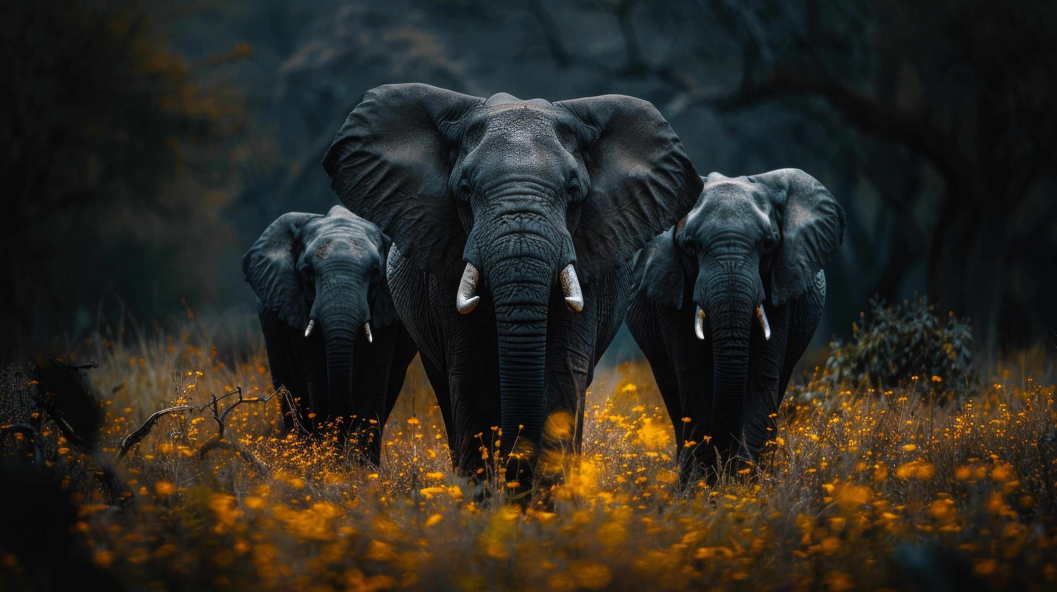 Group of Three Elephants Standing Together Stock Free