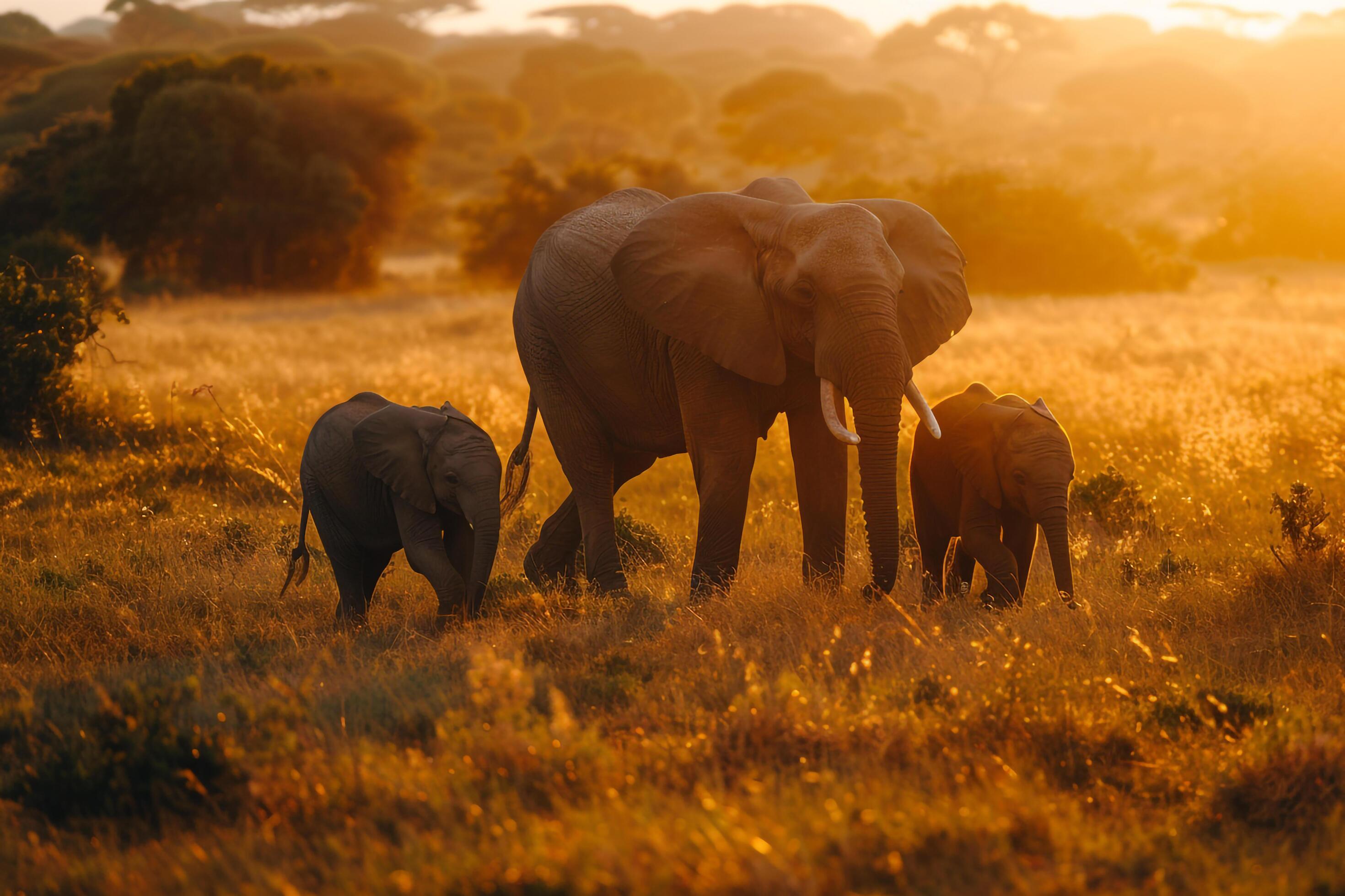 Elephant family walking through the savanna. Nature. Background Stock Free